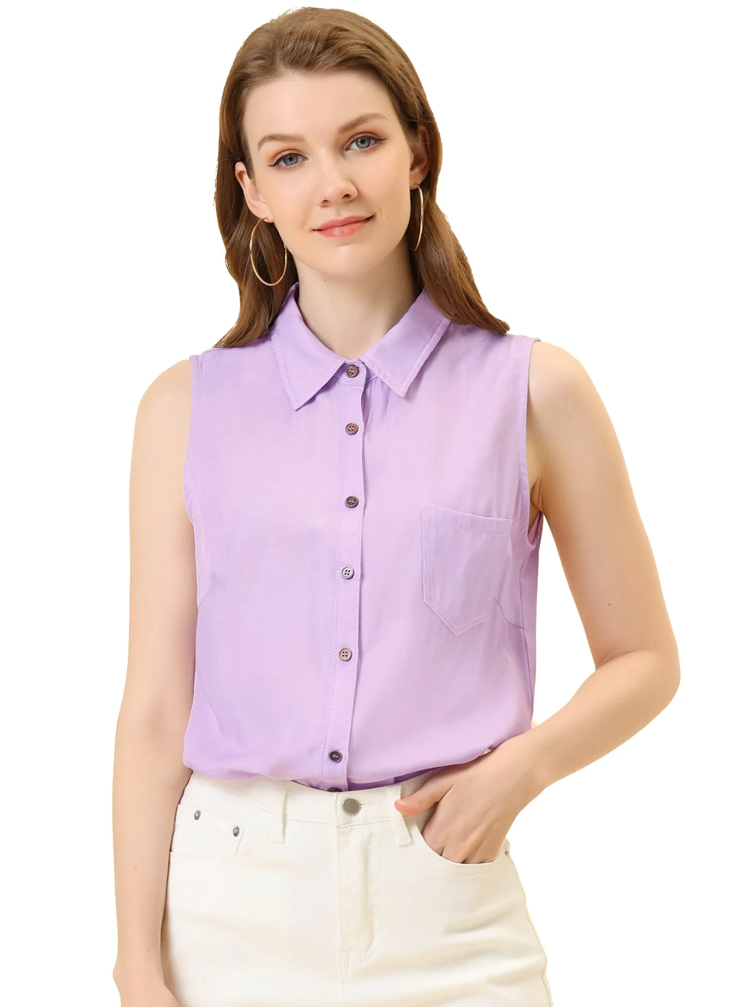 Denim Collar Button Down Casual Office Sleeveless Shirt