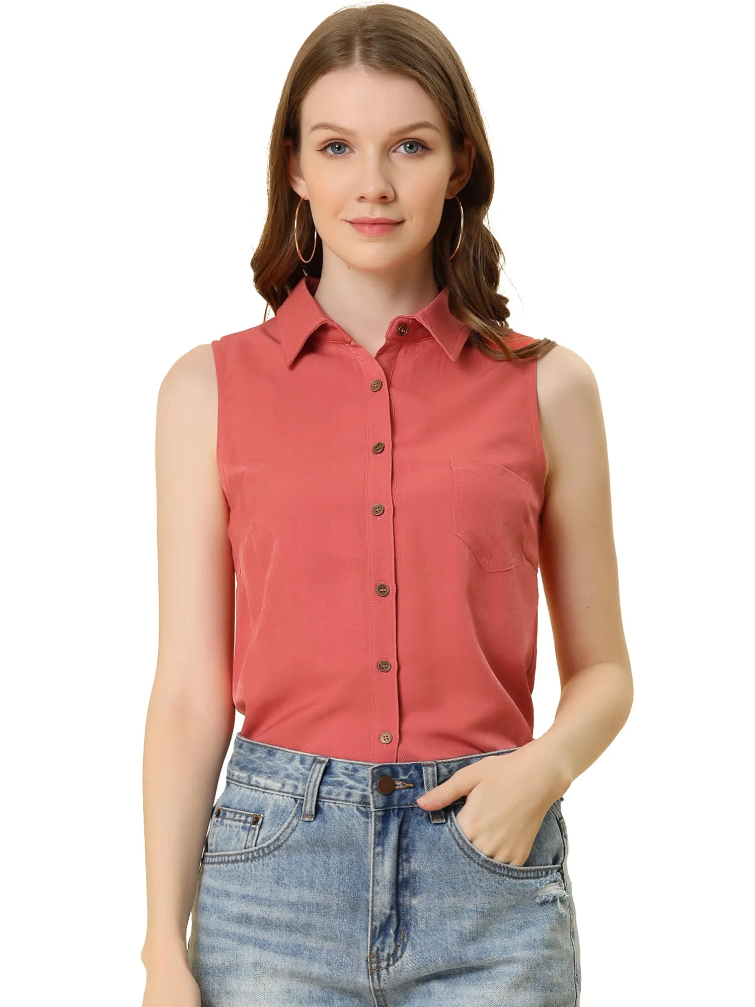 Denim Collar Button Down Casual Office Sleeveless Shirt