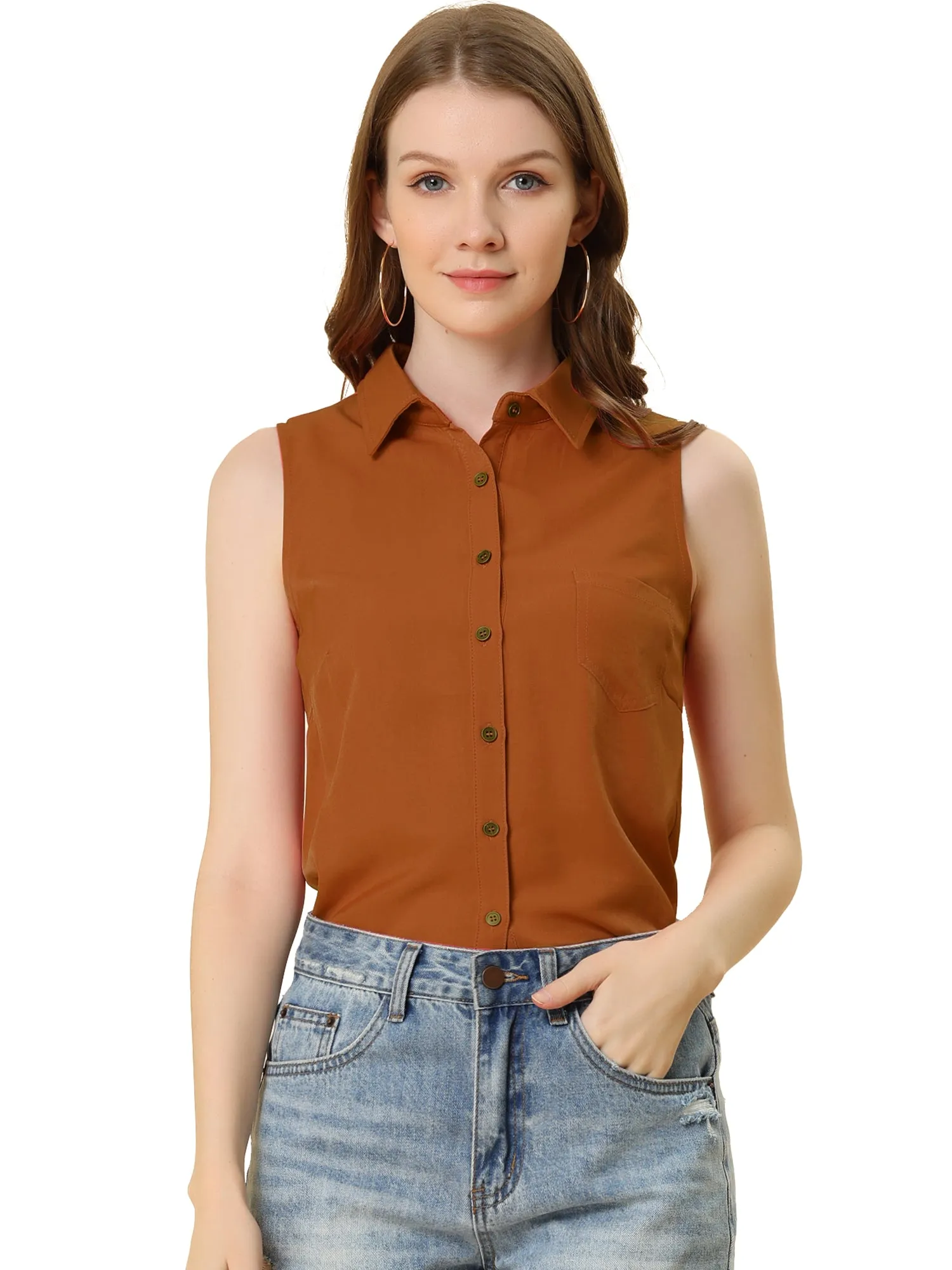 Denim Collar Button Down Casual Office Sleeveless Shirt