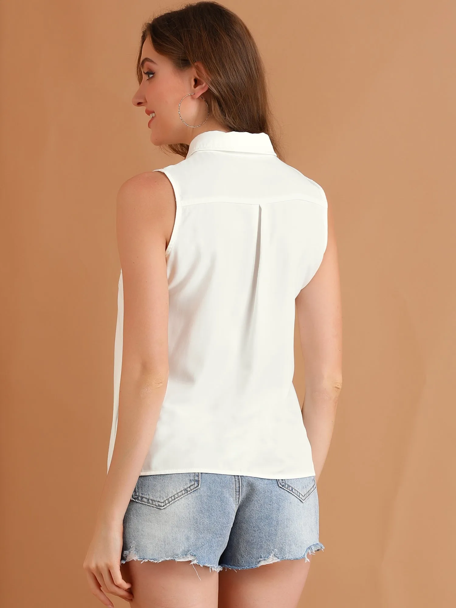 Denim Collar Button Down Casual Office Sleeveless Shirt