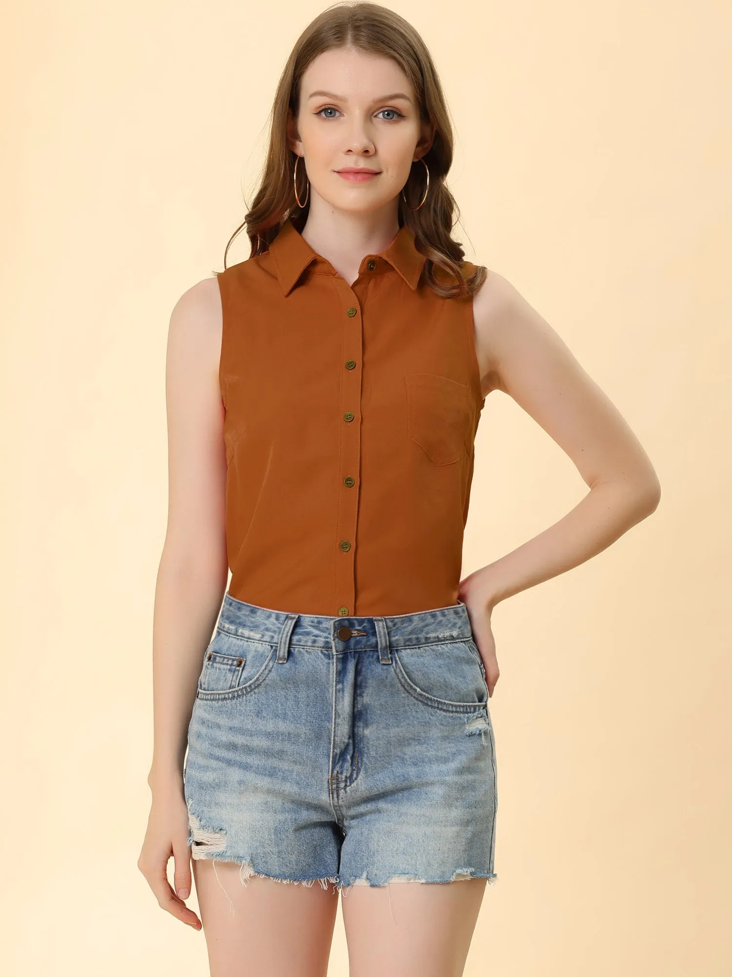 Denim Collar Button Down Casual Office Sleeveless Shirt