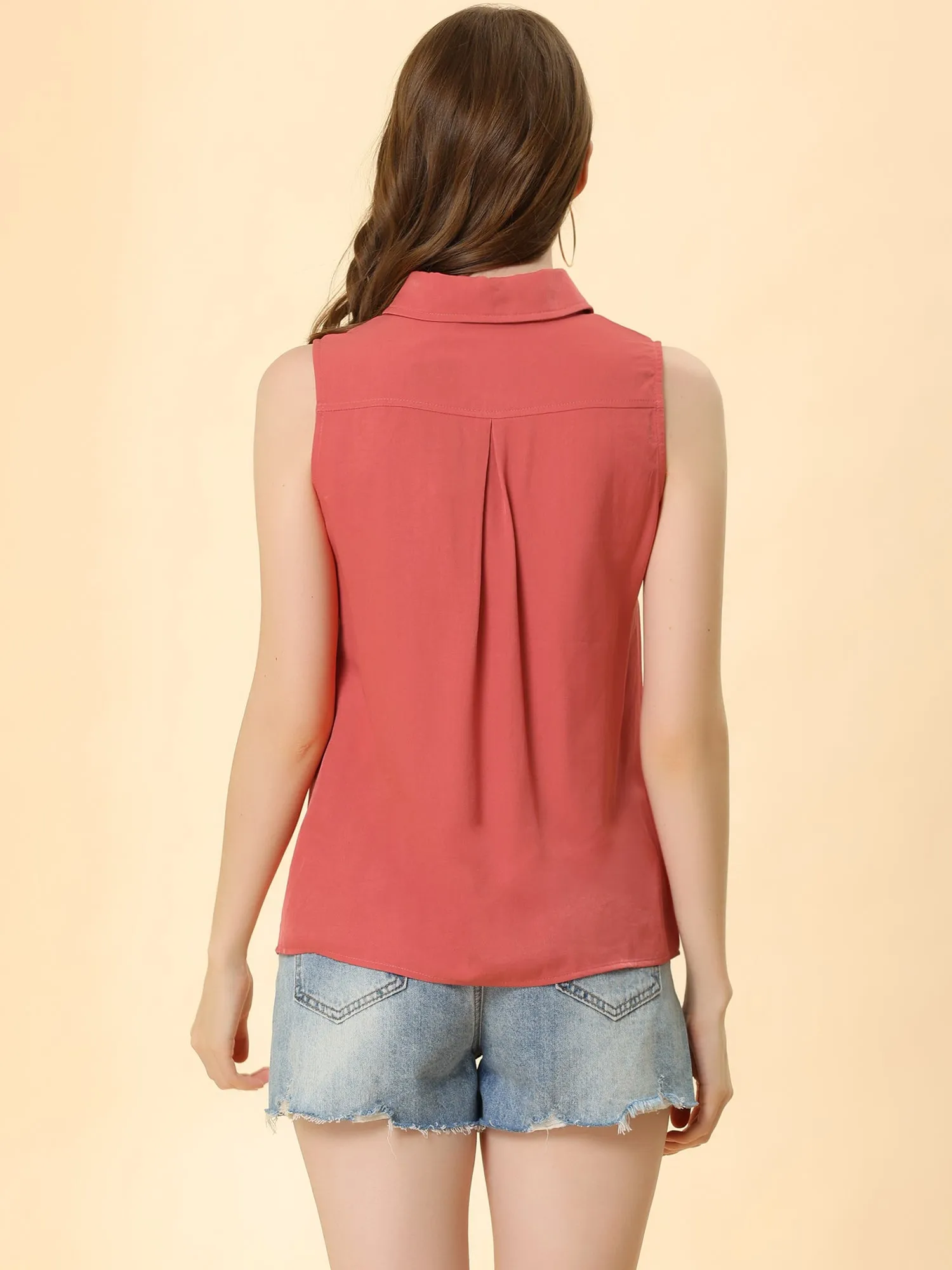 Denim Collar Button Down Casual Office Sleeveless Shirt