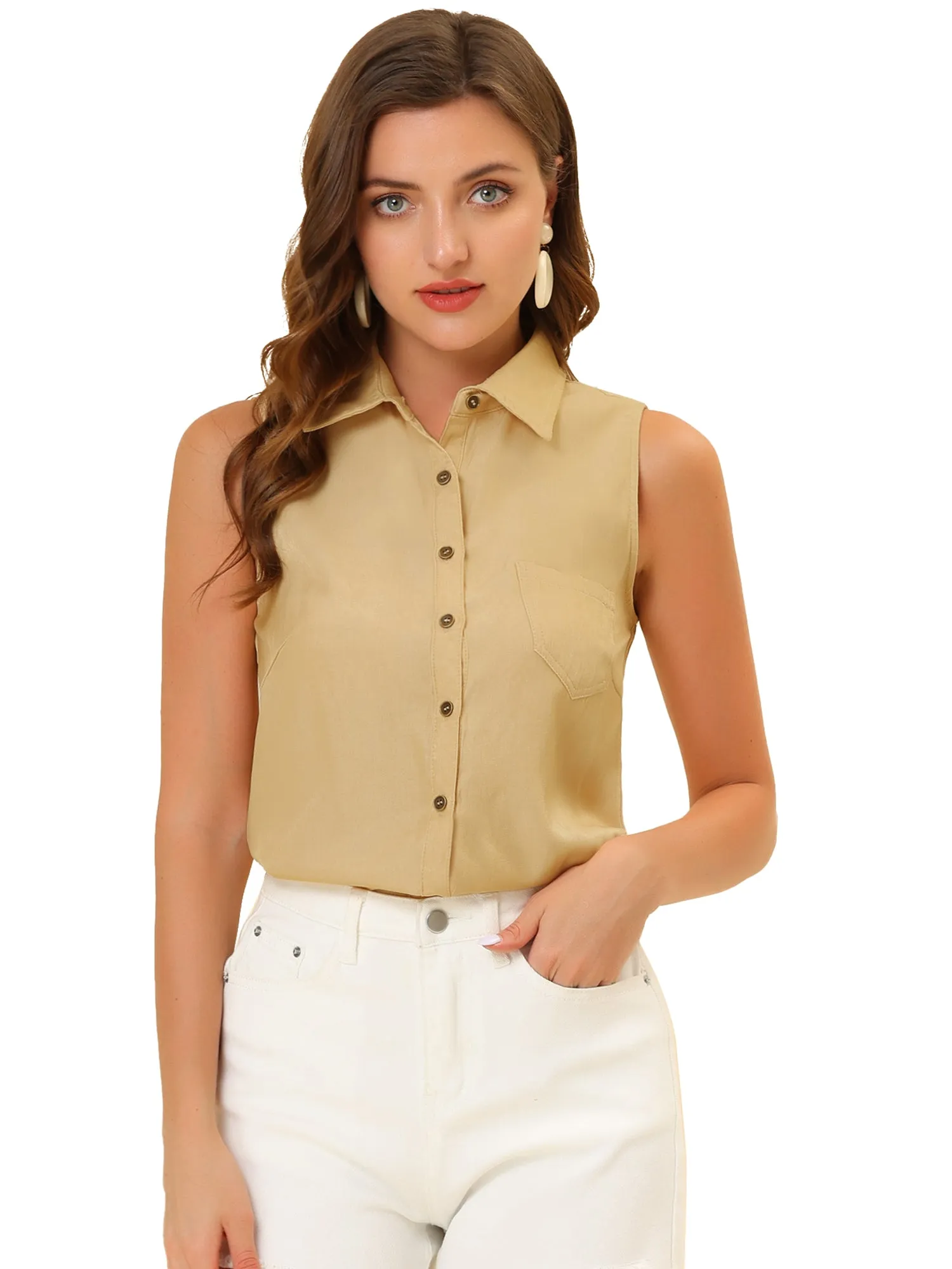 Denim Collar Button Down Casual Office Sleeveless Shirt