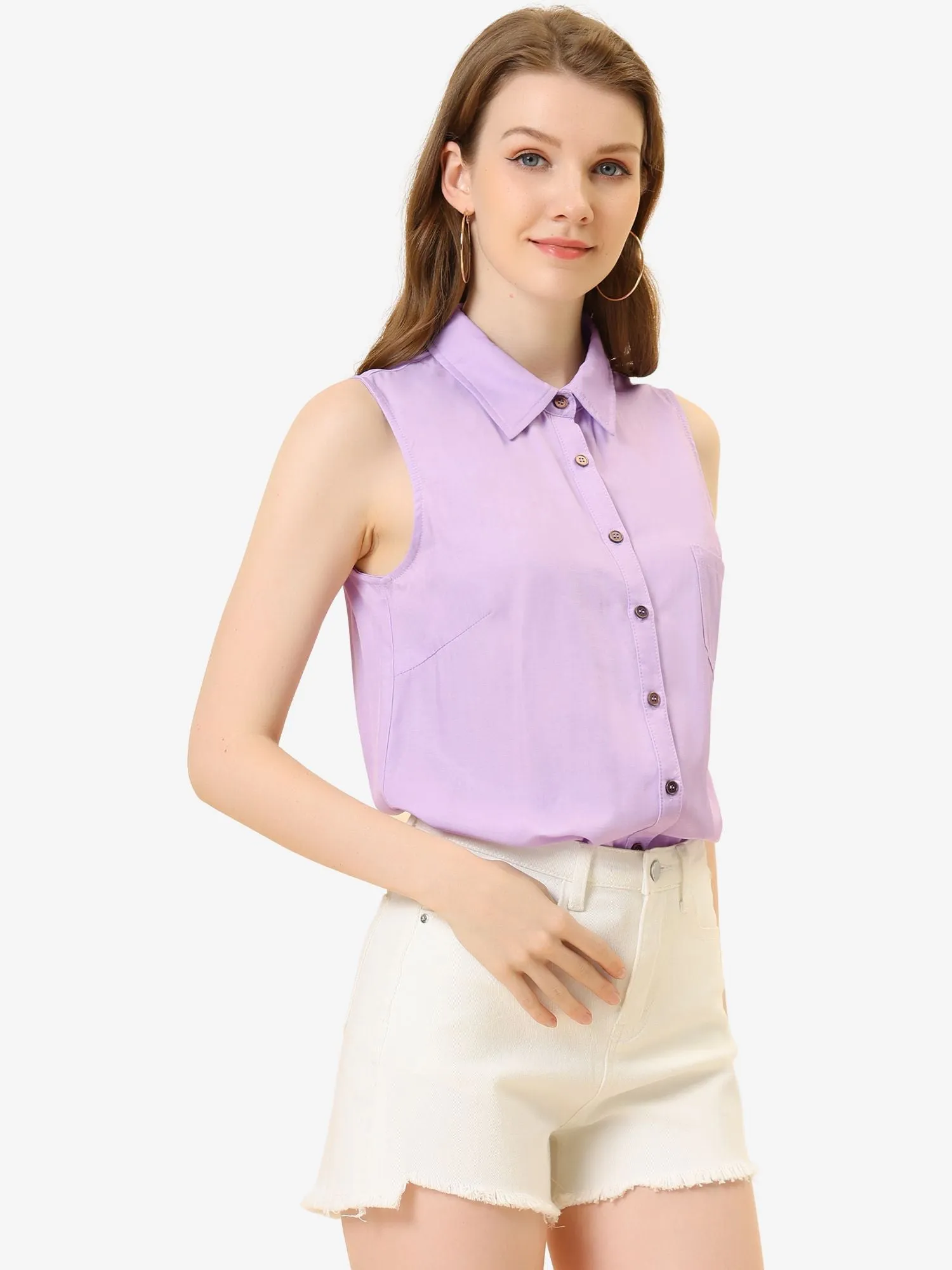 Denim Collar Button Down Casual Office Sleeveless Shirt