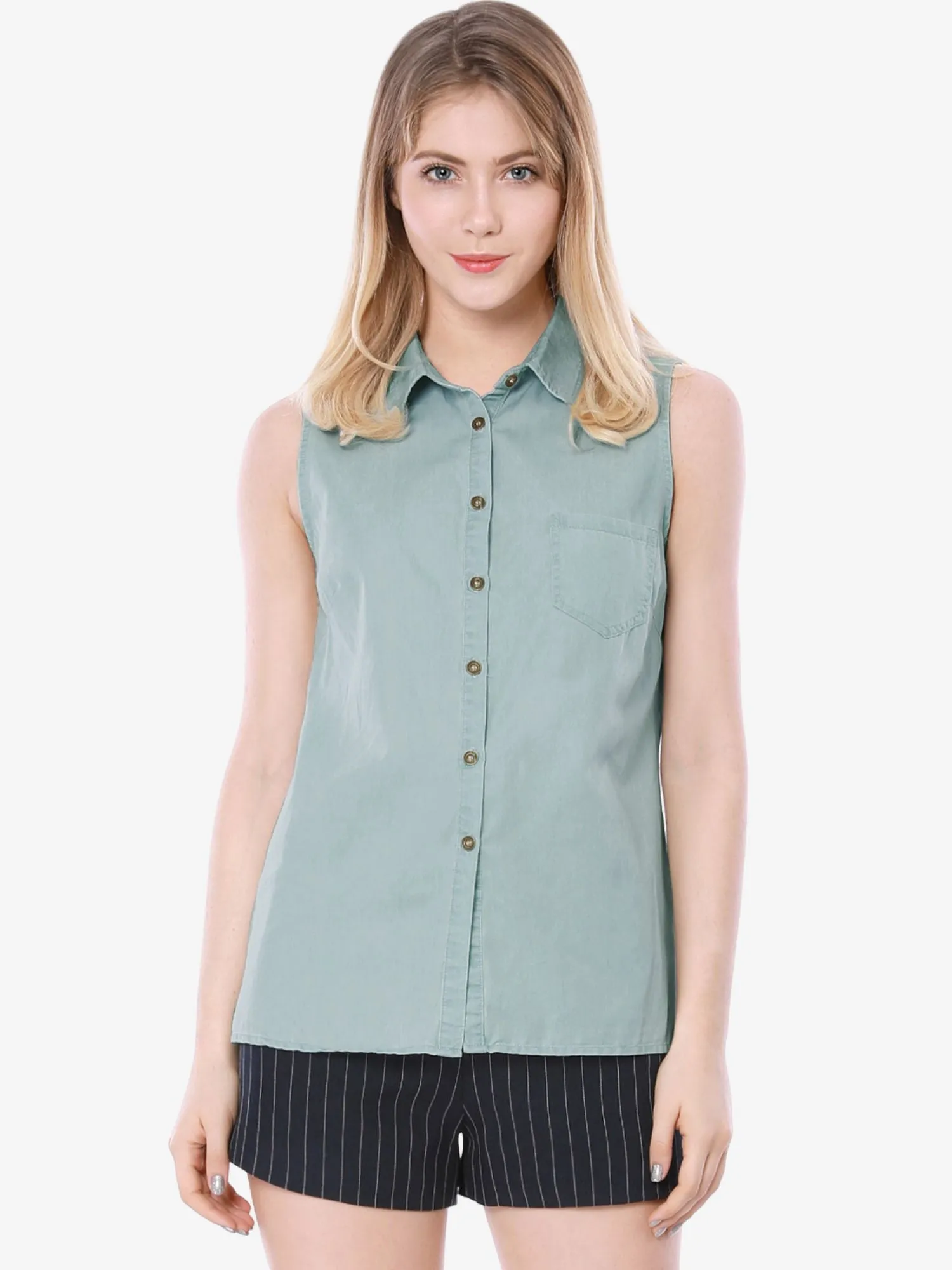 Denim Collar Button Down Casual Office Sleeveless Shirt