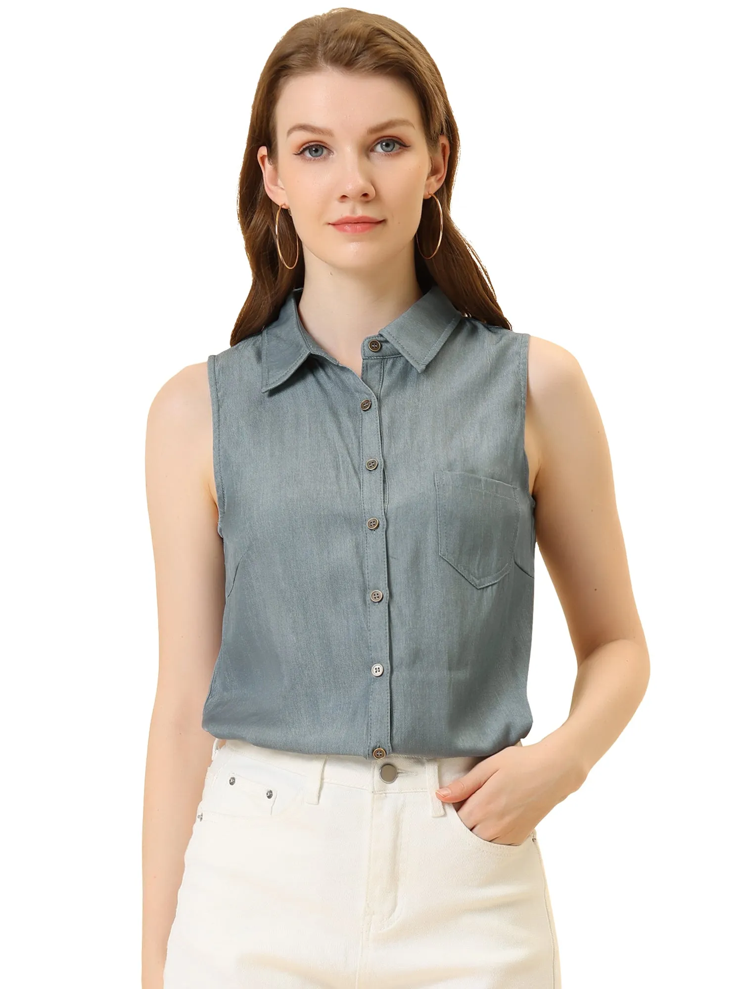 Denim Collar Button Down Casual Office Sleeveless Shirt