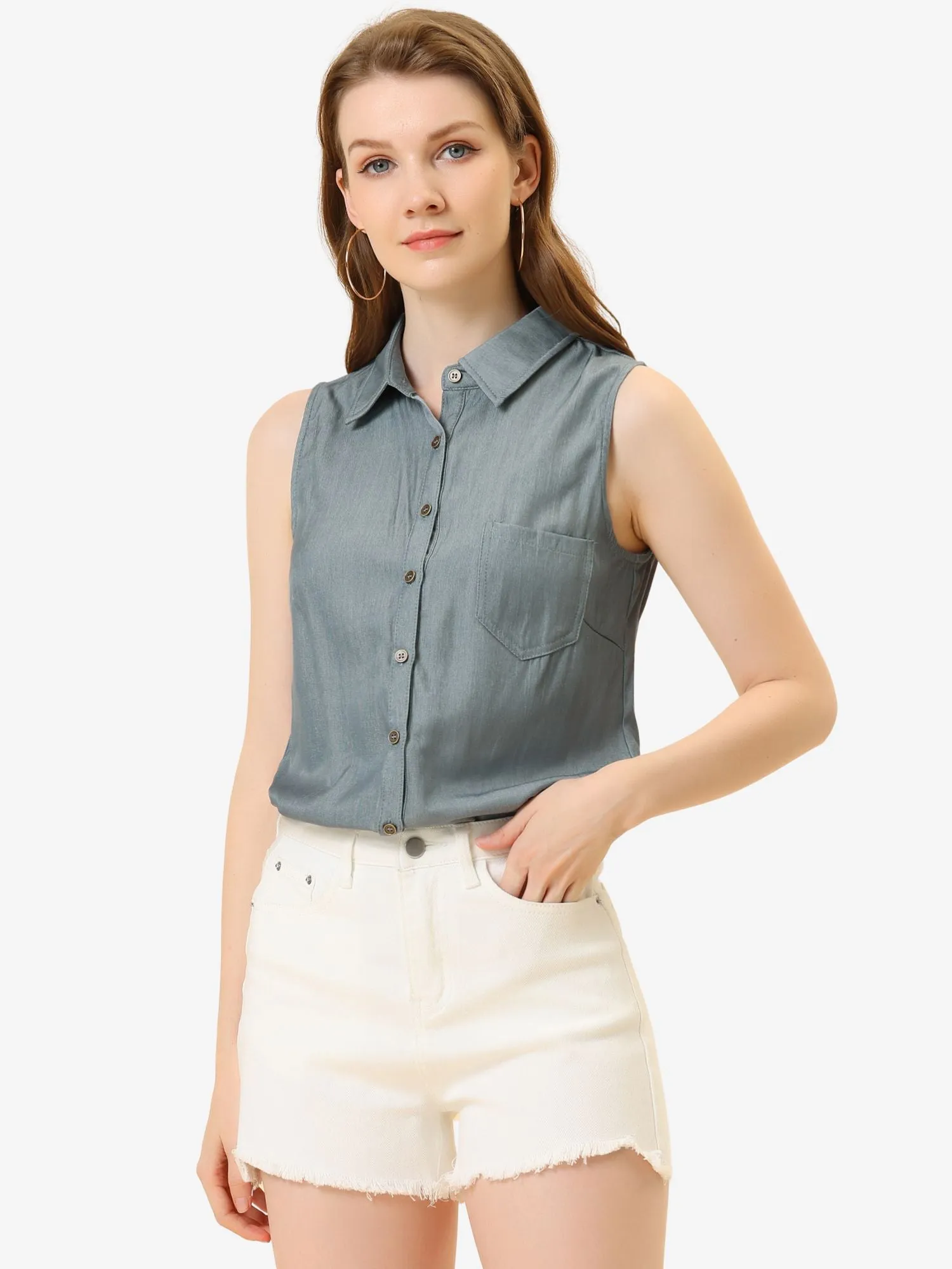 Denim Collar Button Down Casual Office Sleeveless Shirt