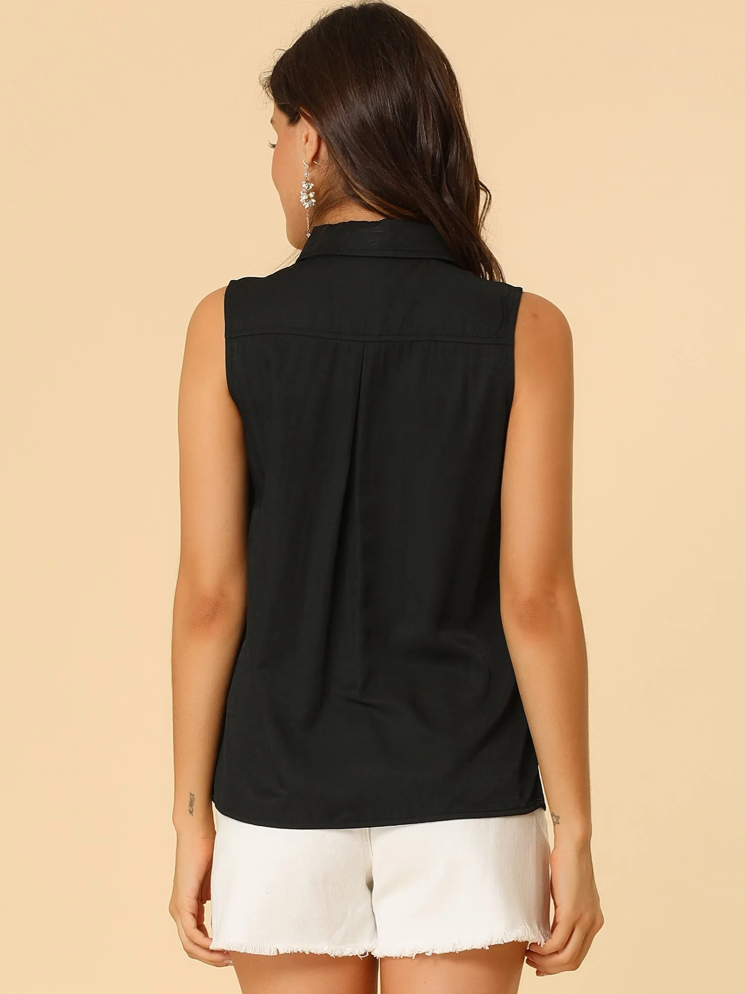 Denim Collar Button Down Casual Office Sleeveless Shirt