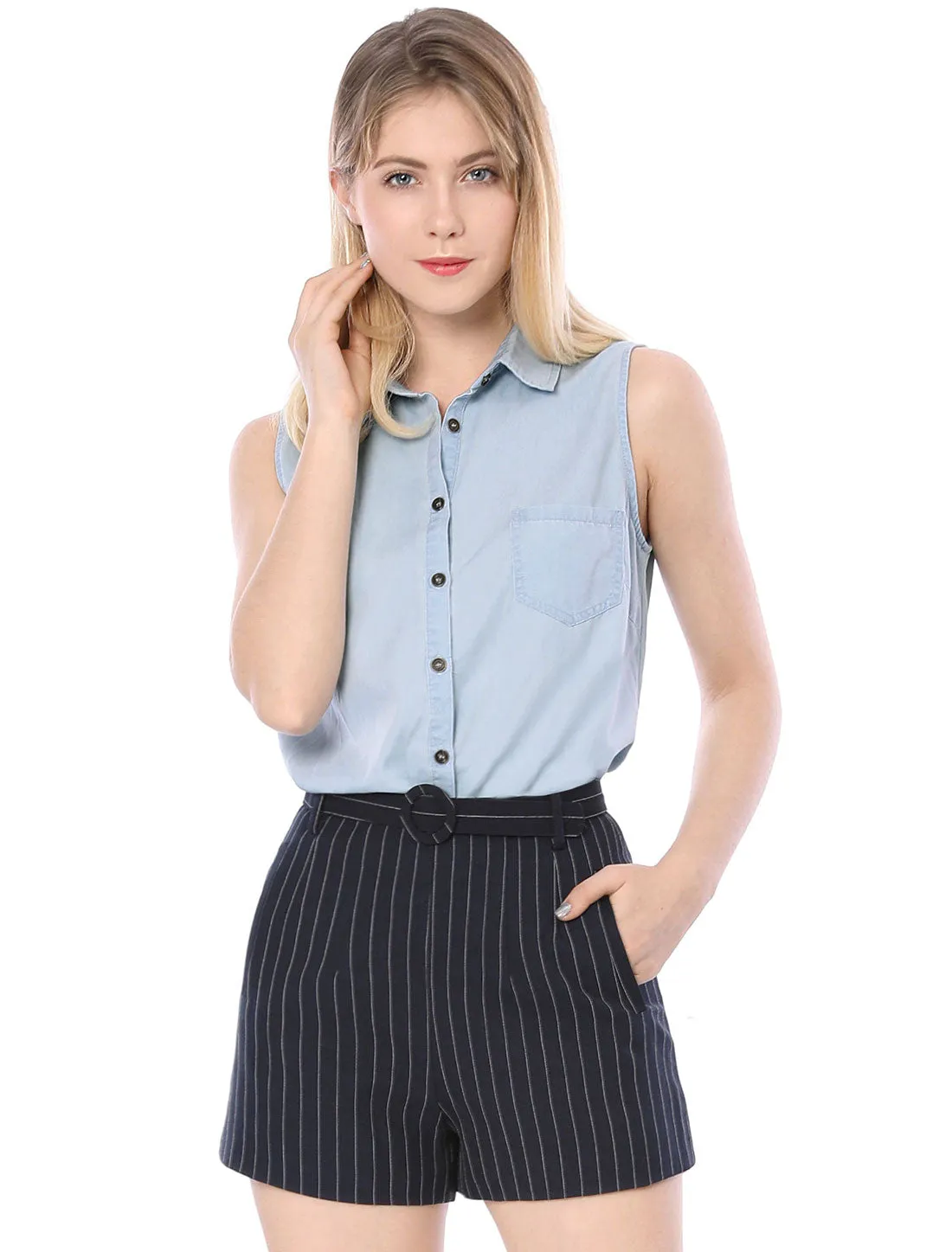 Denim Collar Button Down Casual Office Sleeveless Shirt