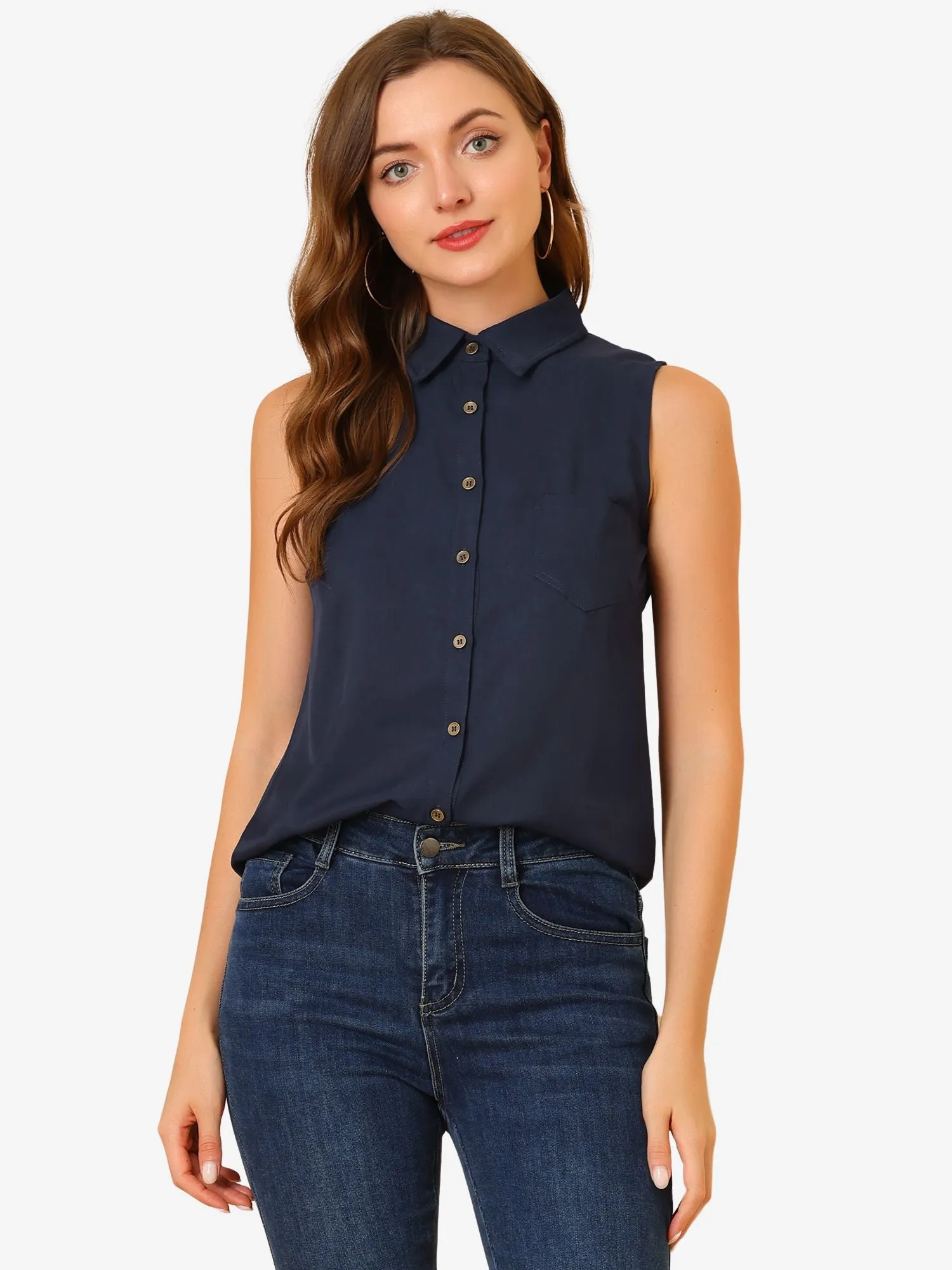 Denim Collar Button Down Casual Office Sleeveless Shirt