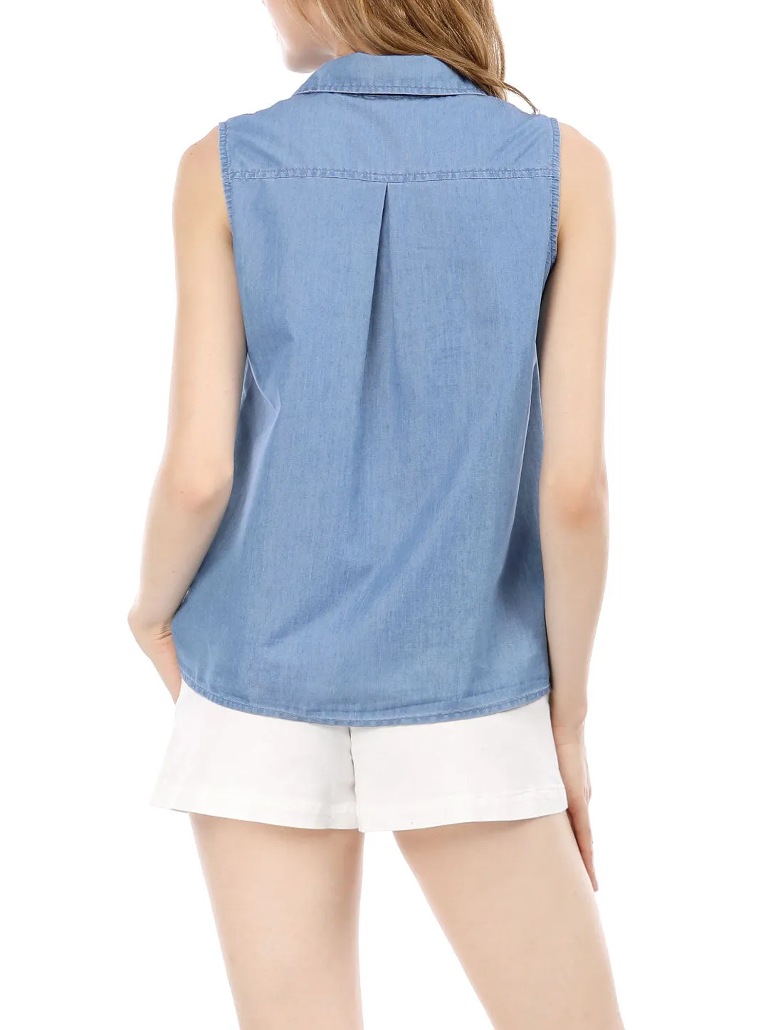 Denim Collar Button Down Casual Office Sleeveless Shirt