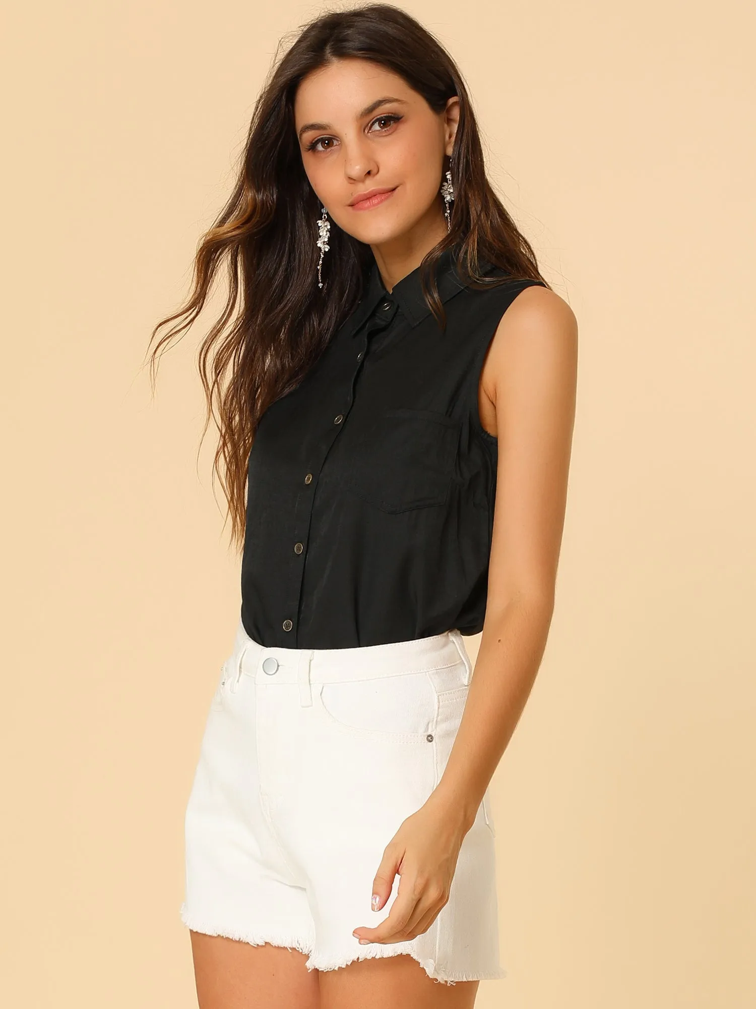 Denim Collar Button Down Casual Office Sleeveless Shirt