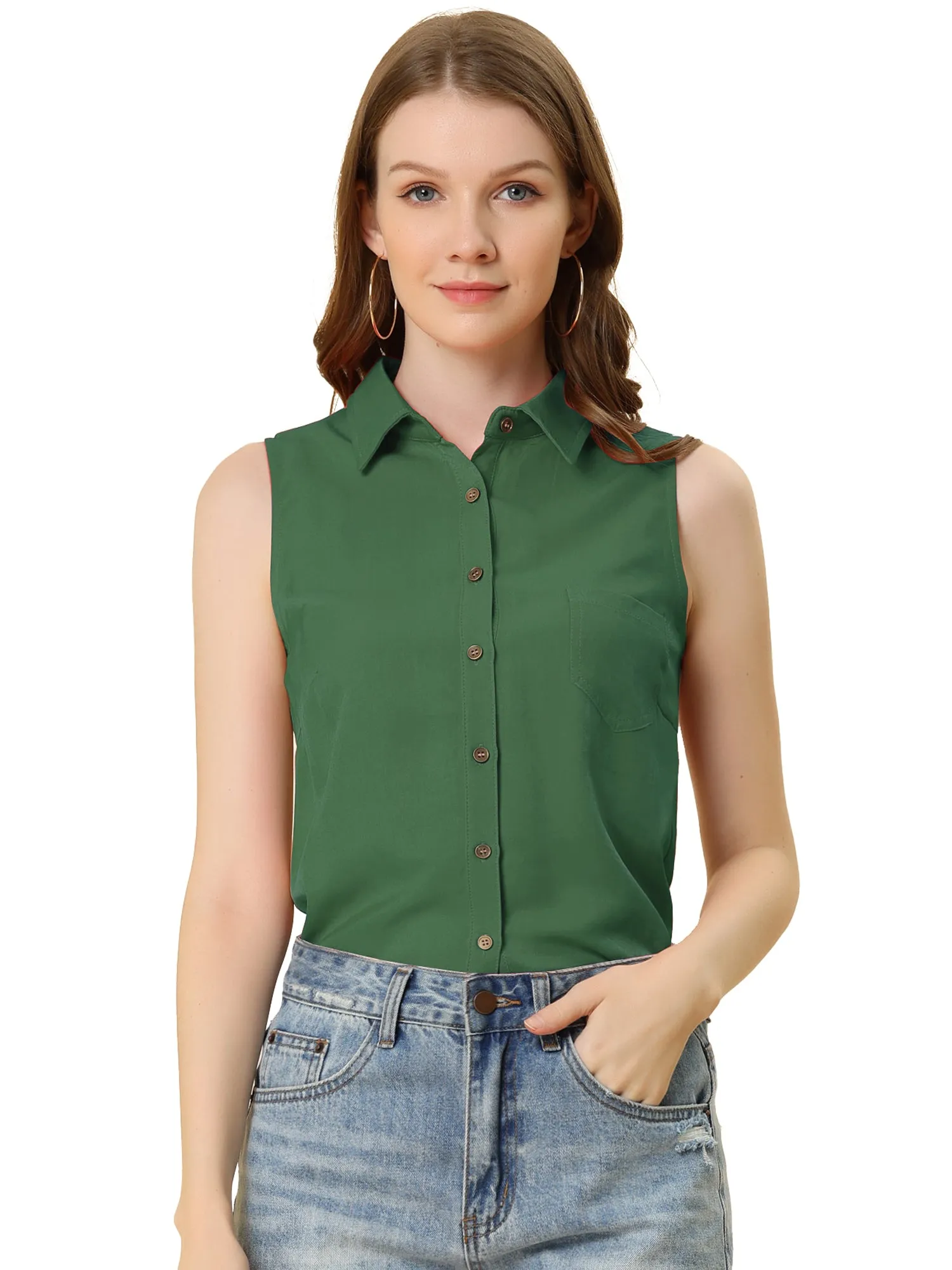 Denim Collar Button Down Casual Office Sleeveless Shirt