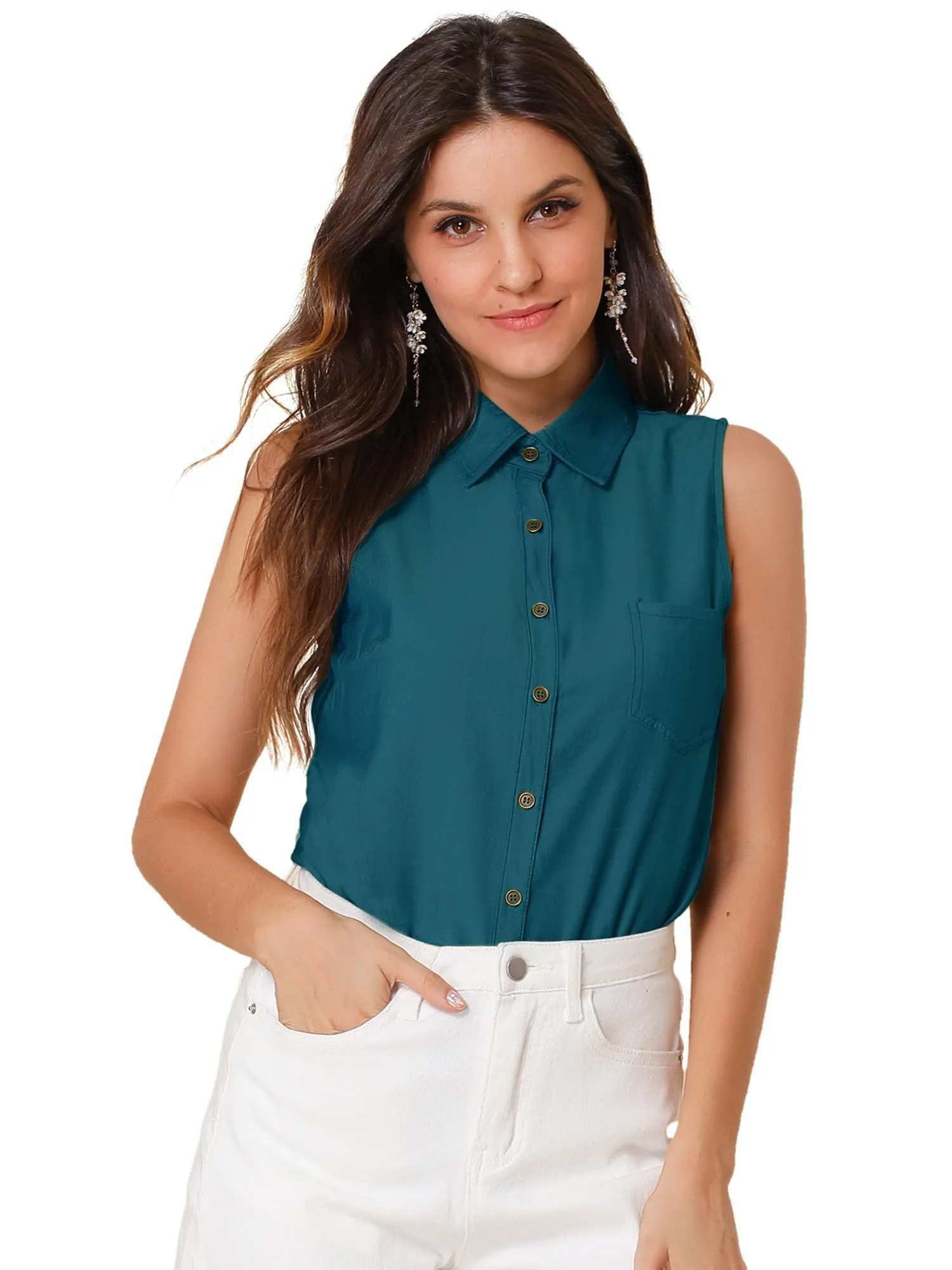 Denim Collar Button Down Casual Office Sleeveless Shirt