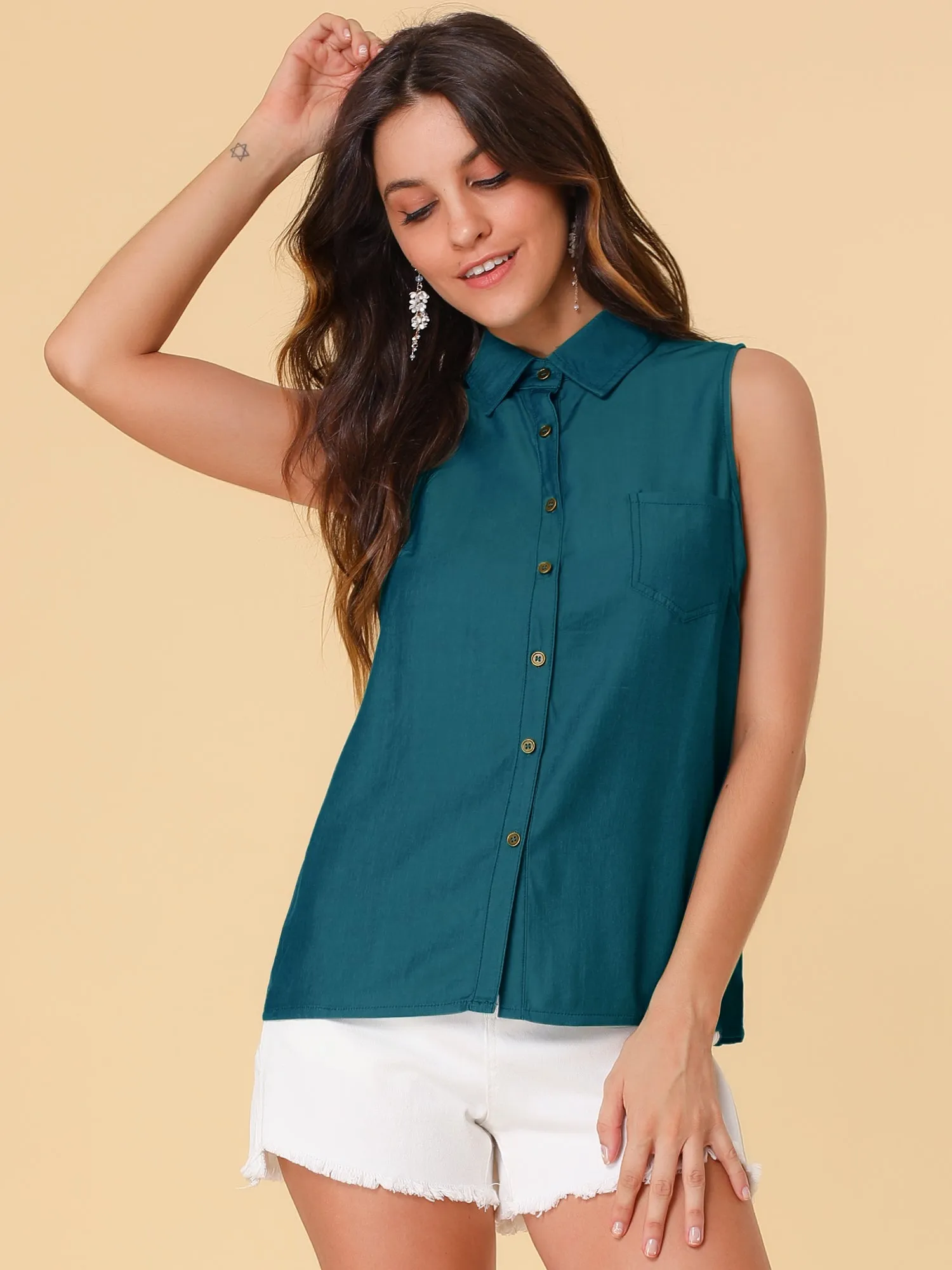 Denim Collar Button Down Casual Office Sleeveless Shirt