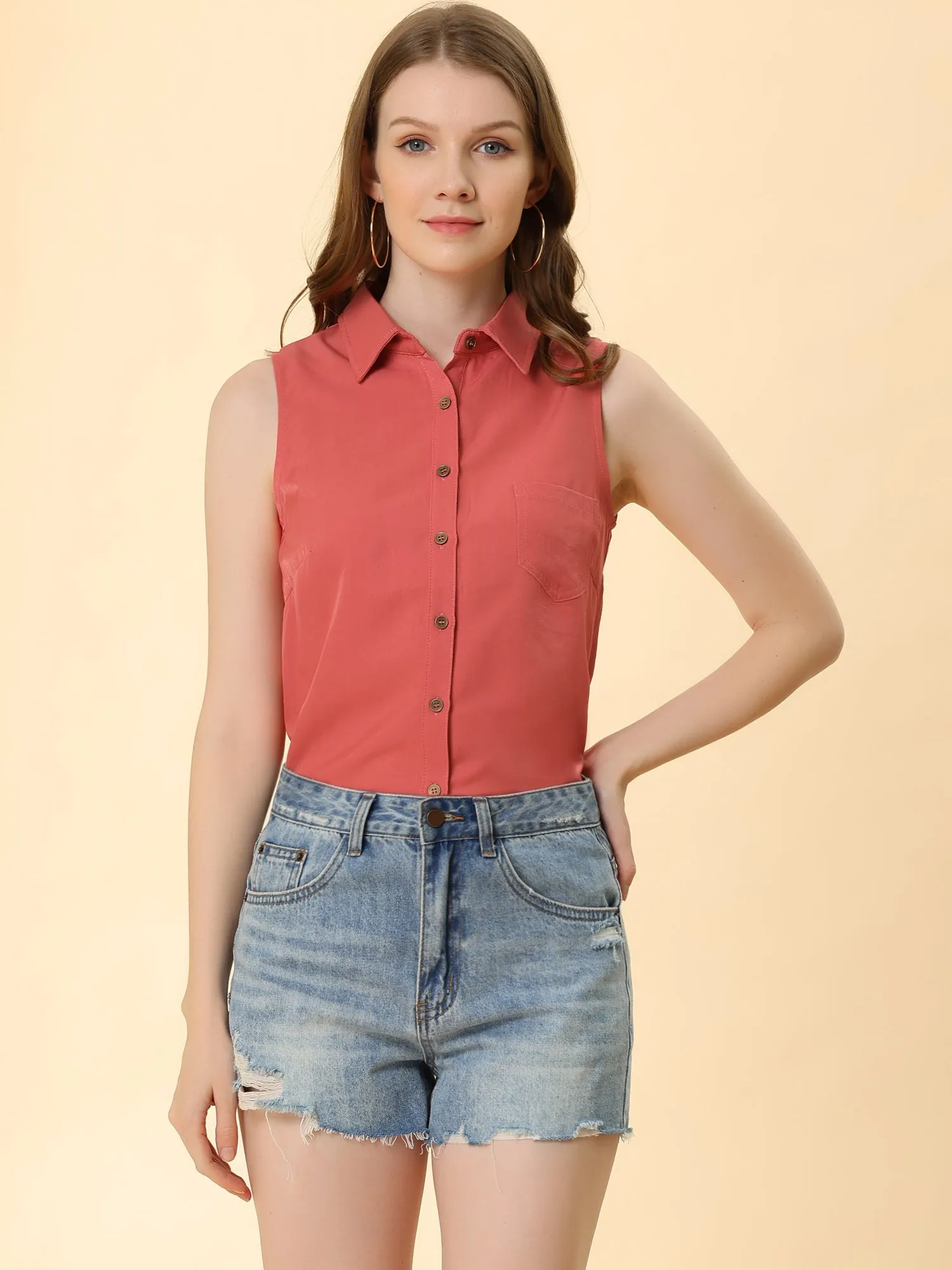 Denim Collar Button Down Casual Office Sleeveless Shirt