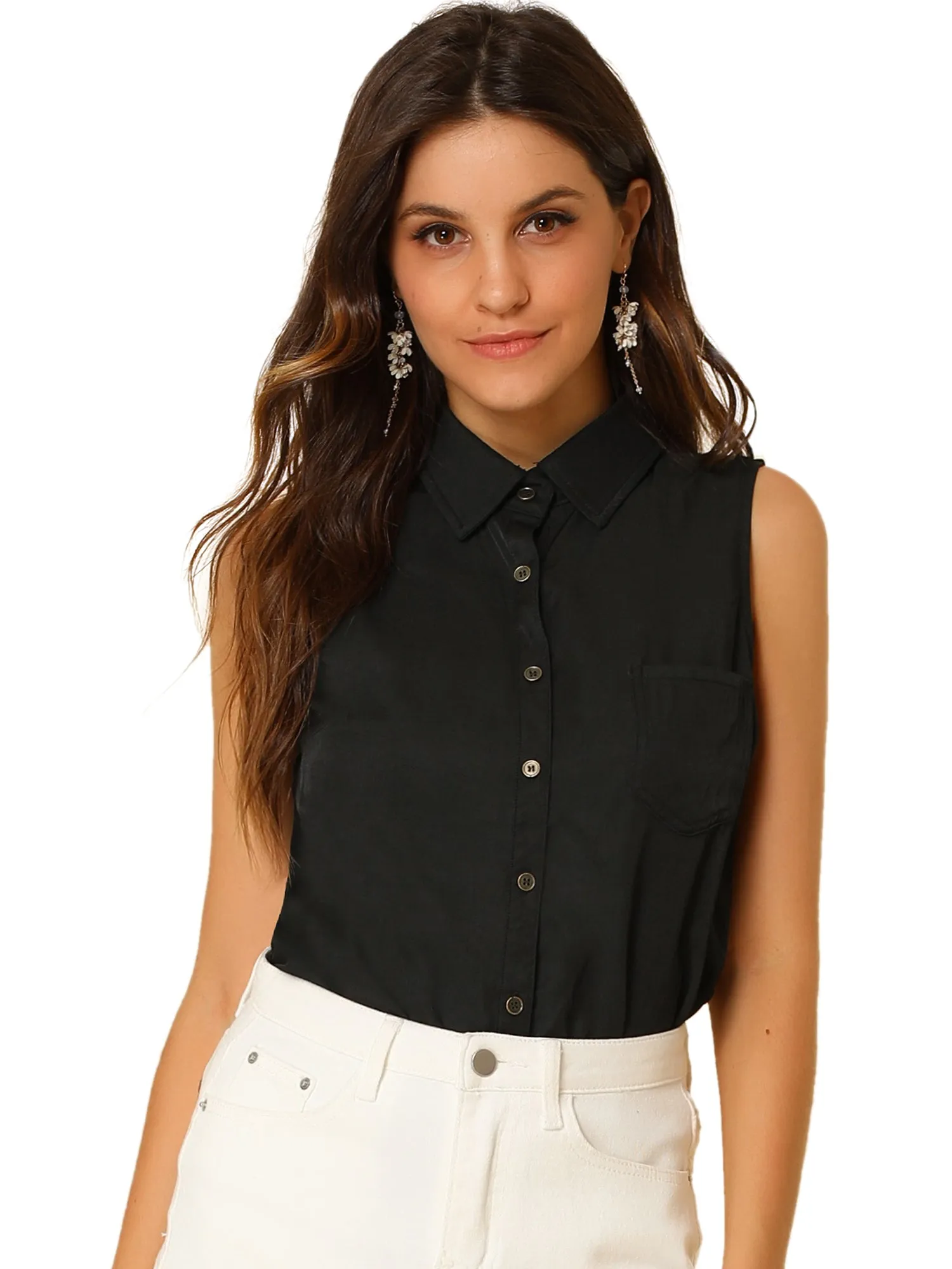 Denim Collar Button Down Casual Office Sleeveless Shirt