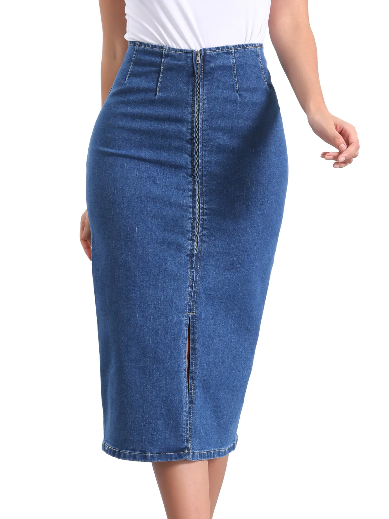 Denim Front Slit Zipper High Waist Bodycon Midi Jean Skirt