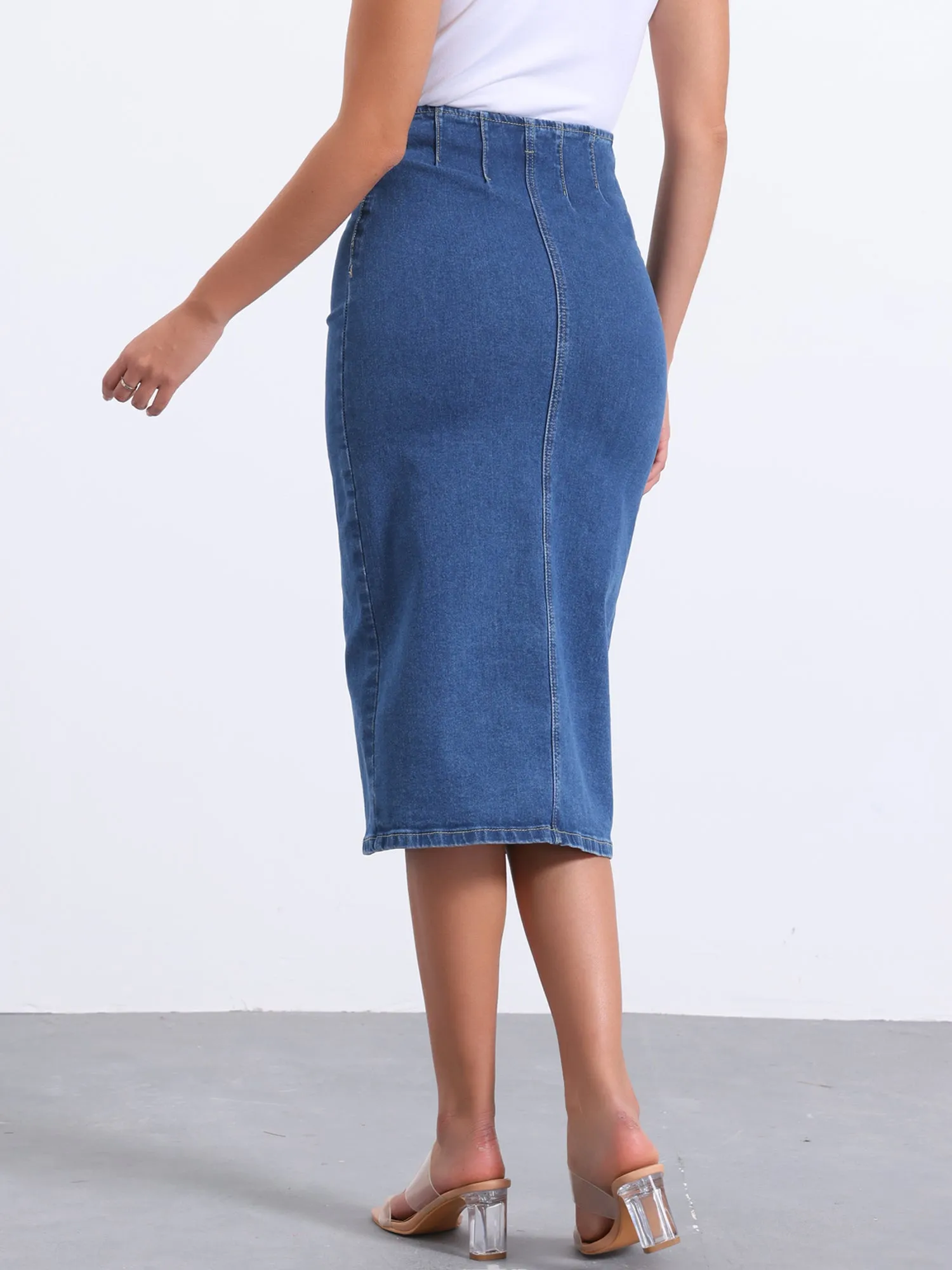 Denim Front Slit Zipper High Waist Bodycon Midi Jean Skirt