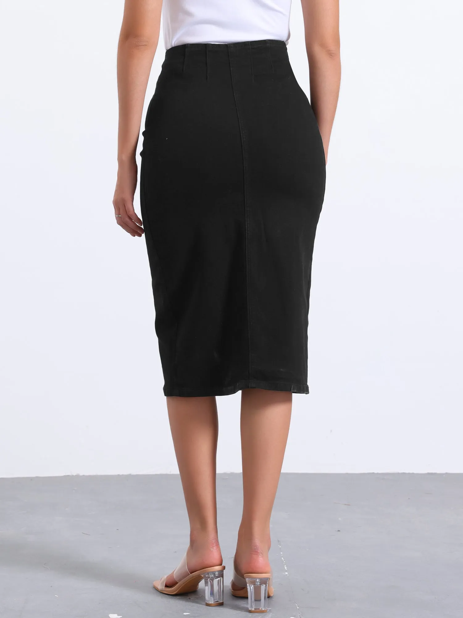 Denim Front Slit Zipper High Waist Bodycon Midi Jean Skirt
