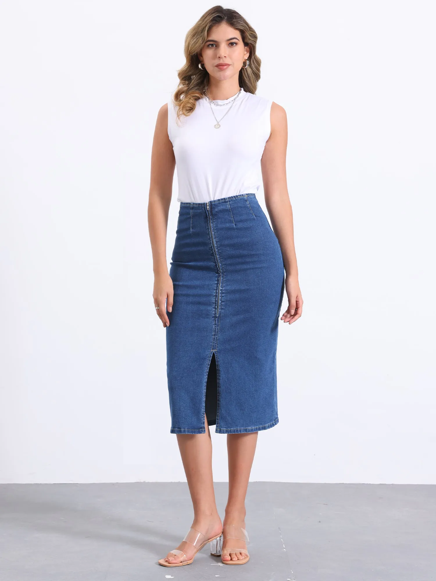 Denim Front Slit Zipper High Waist Bodycon Midi Jean Skirt