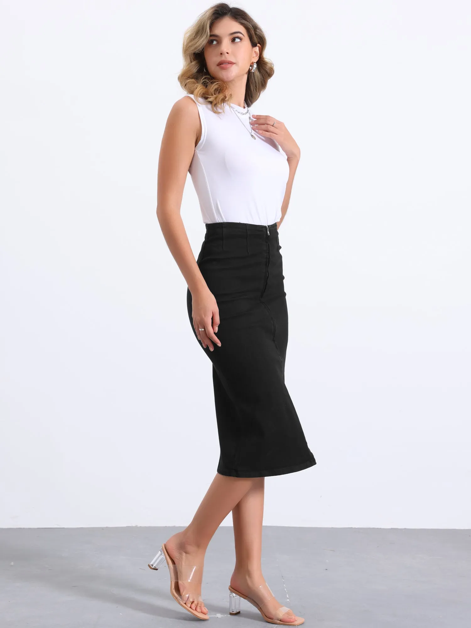 Denim Front Slit Zipper High Waist Bodycon Midi Jean Skirt