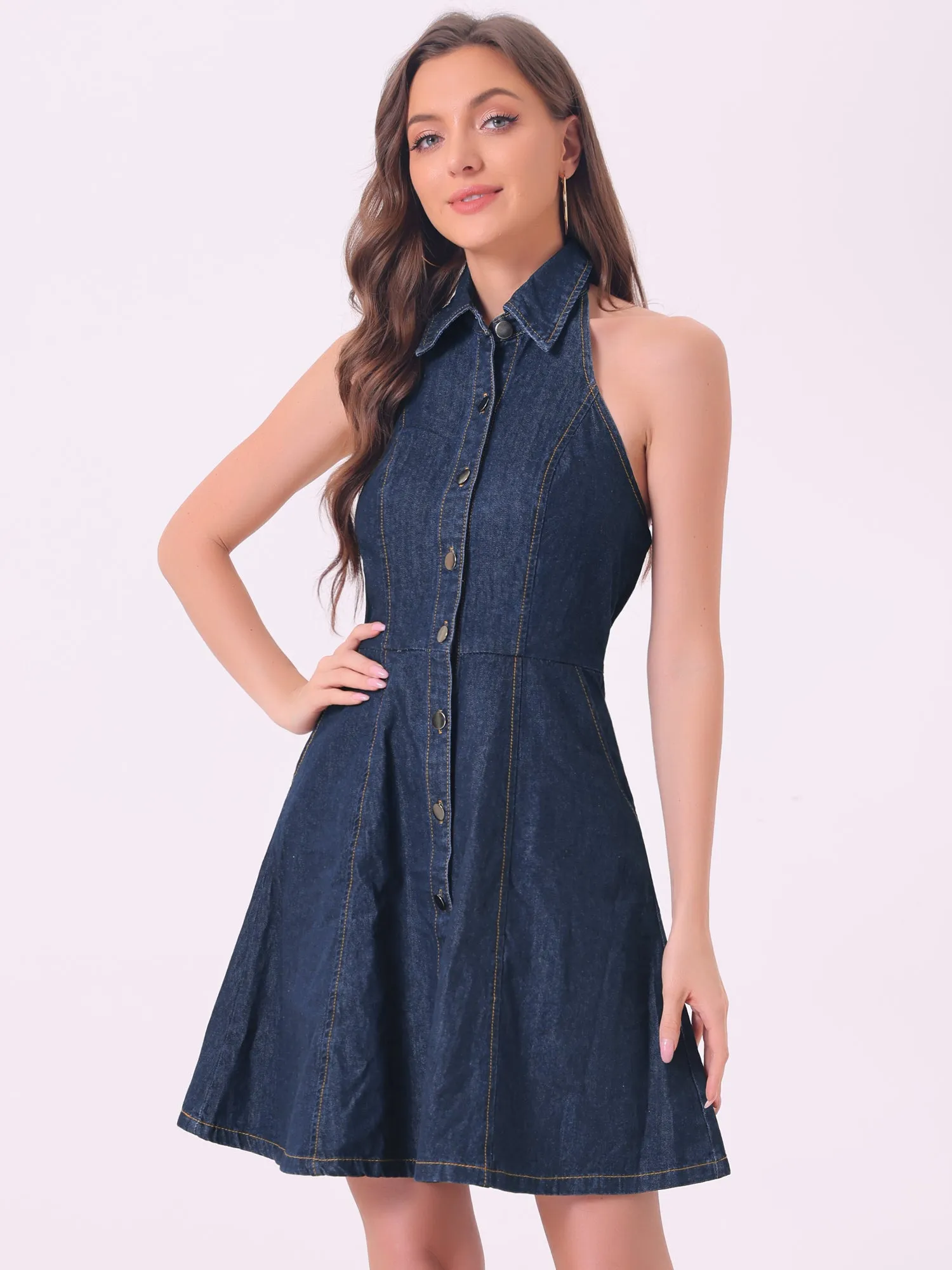 Denim Halter Neck Button Down Backless A-Line Mini Shirt Dress