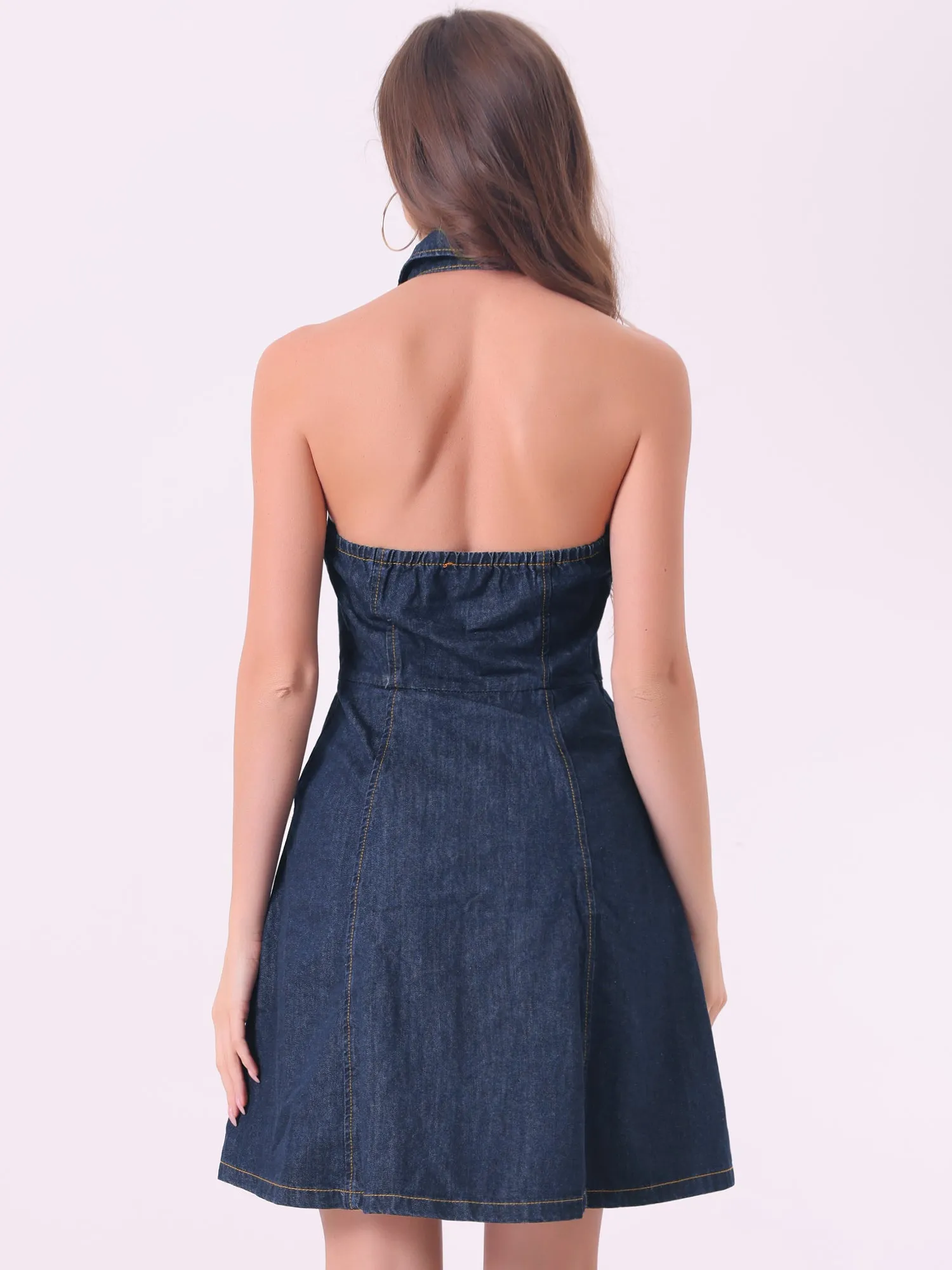 Denim Halter Neck Button Down Backless A-Line Mini Shirt Dress