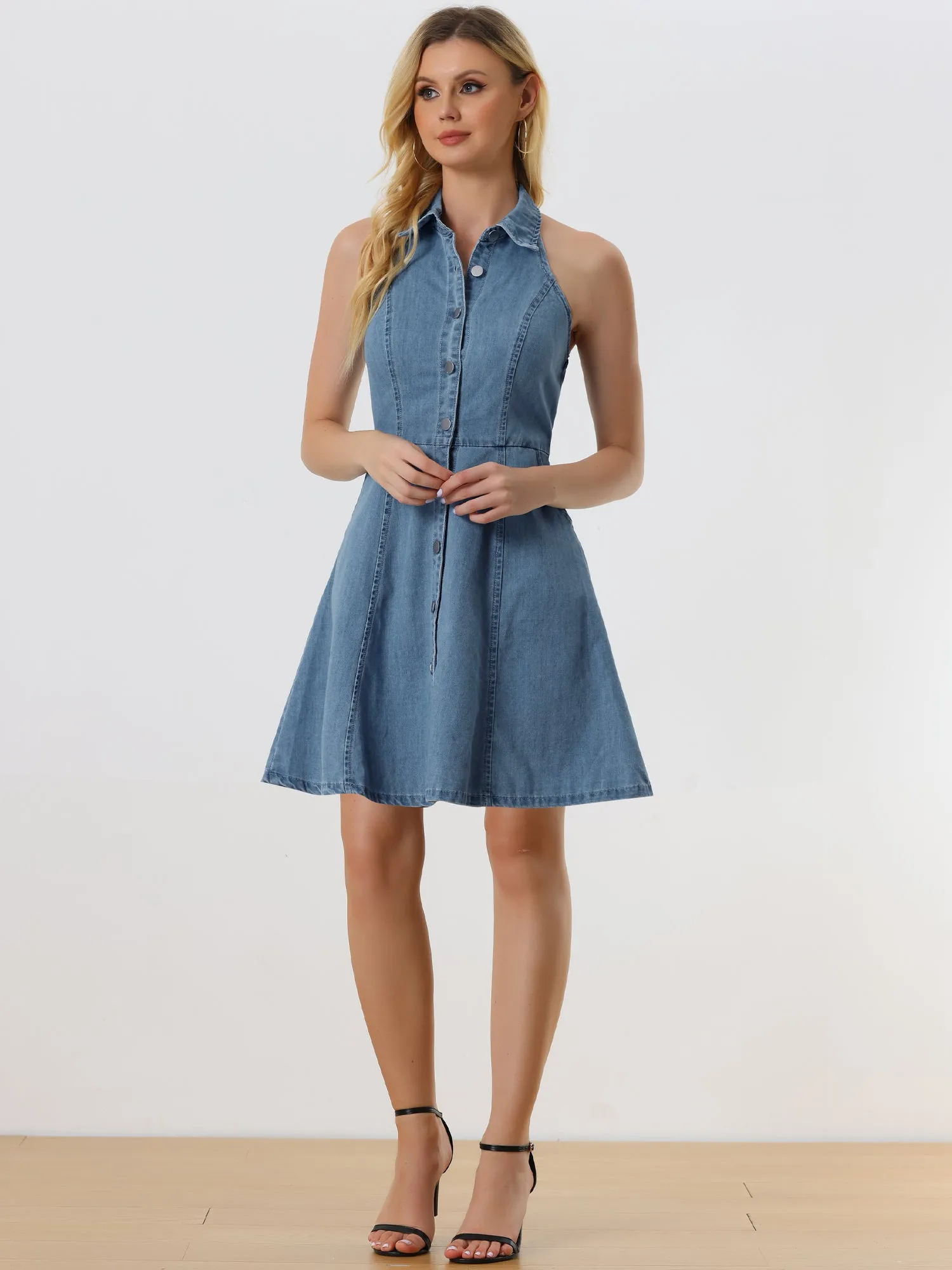 Denim Halter Neck Button Down Backless A-Line Mini Shirt Dress