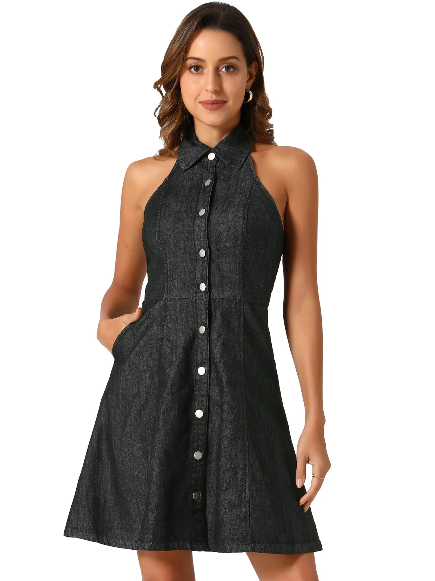 Denim Halter Neck Button Down Backless A-Line Mini Shirt Dress