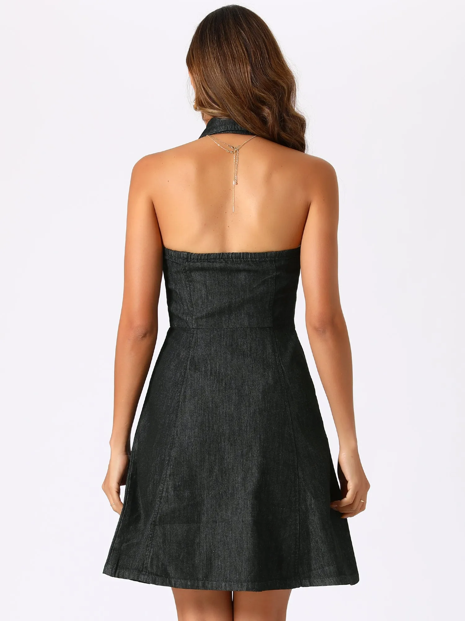Denim Halter Neck Button Down Backless A-Line Mini Shirt Dress