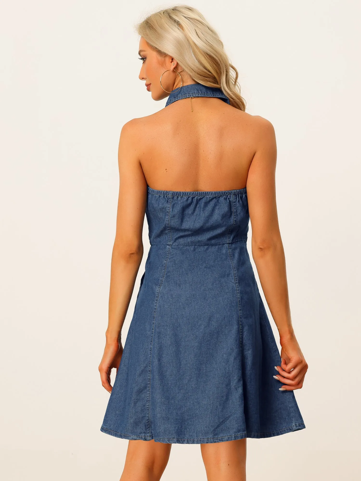 Denim Halter Neck Button Down Backless A-Line Mini Shirt Dress
