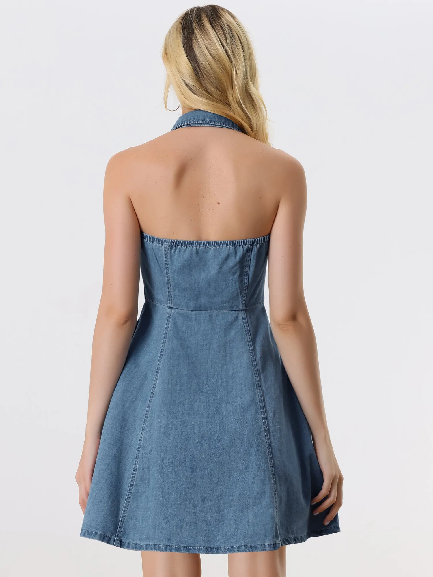 Denim Halter Neck Button Down Backless A-Line Mini Shirt Dress