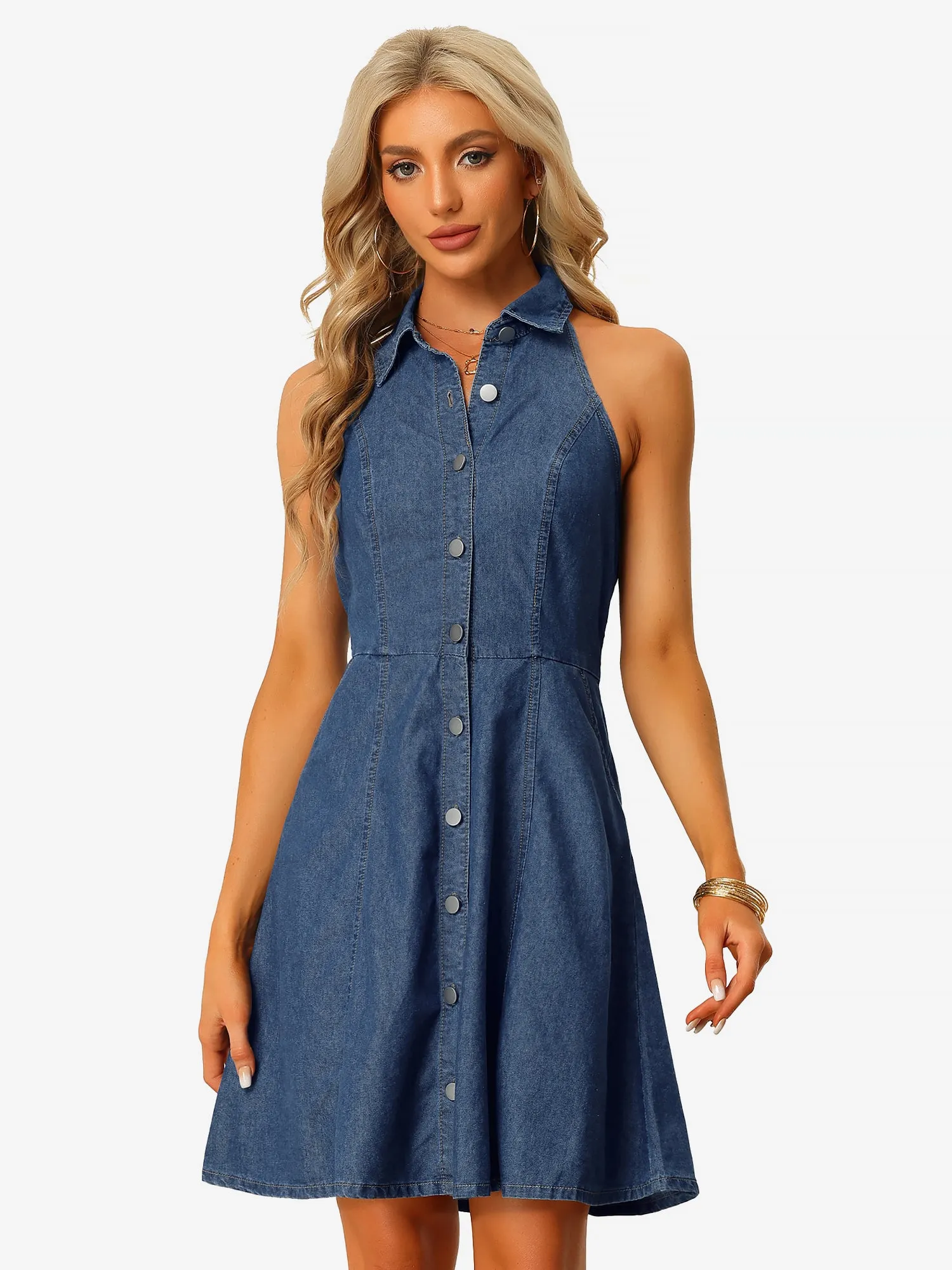 Denim Halter Neck Button Down Backless A-Line Mini Shirt Dress