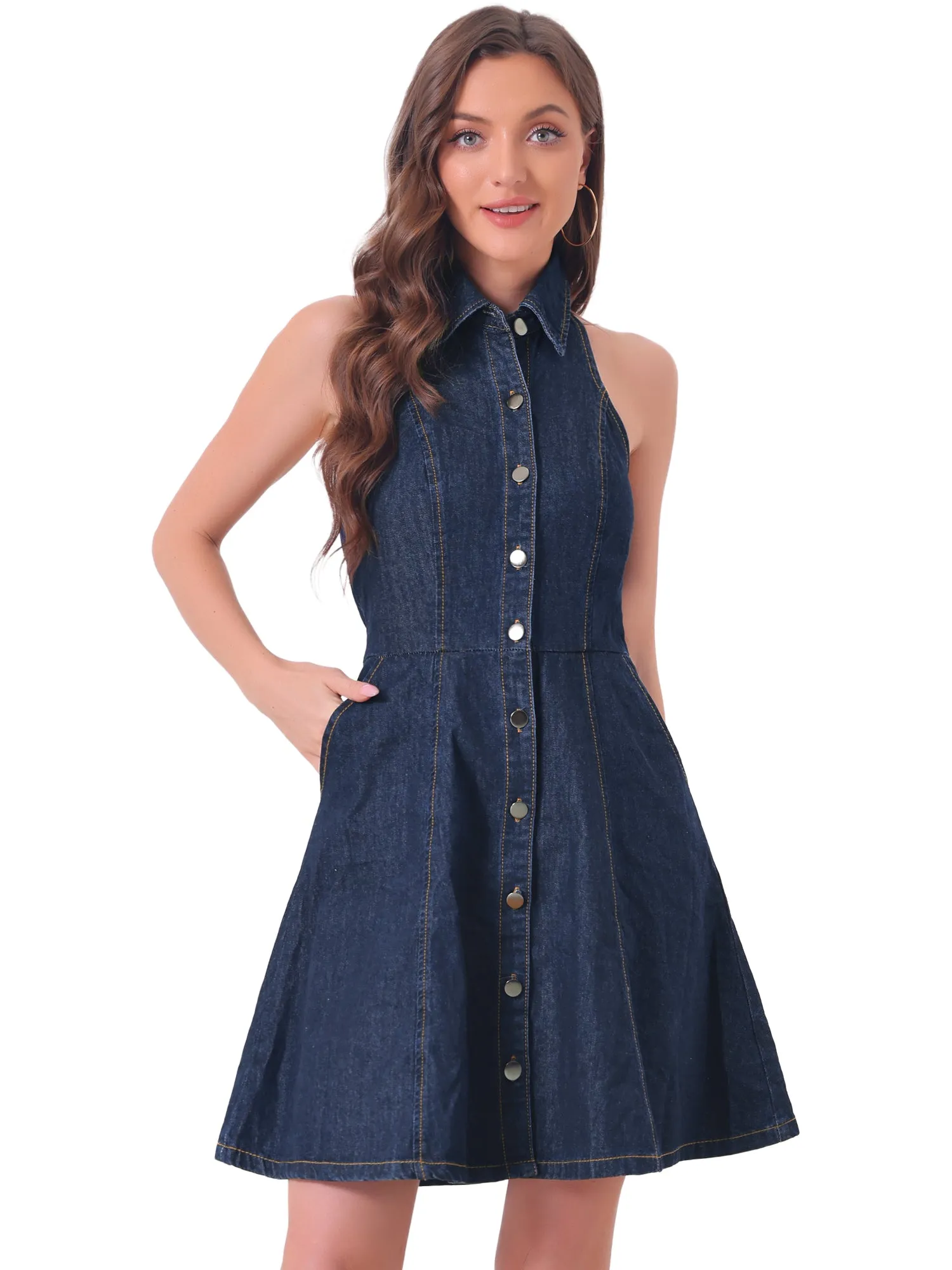 Denim Halter Neck Button Down Backless A-Line Mini Shirt Dress