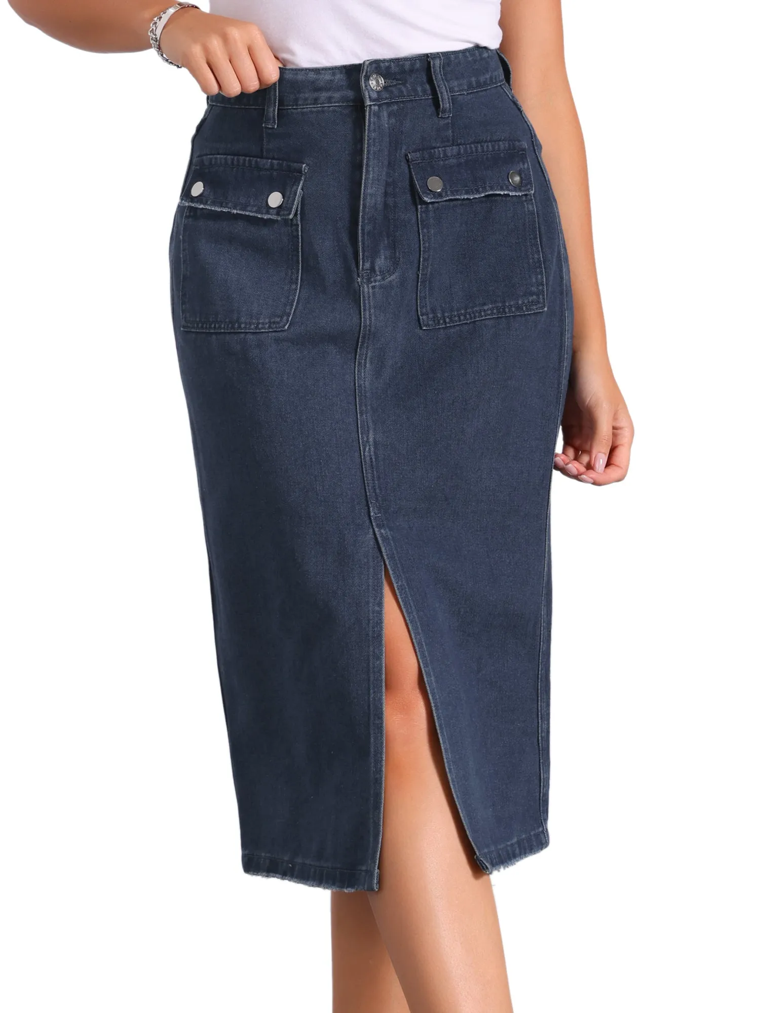Denim Pocketed Split Hem Casual Midi Jean Skirt