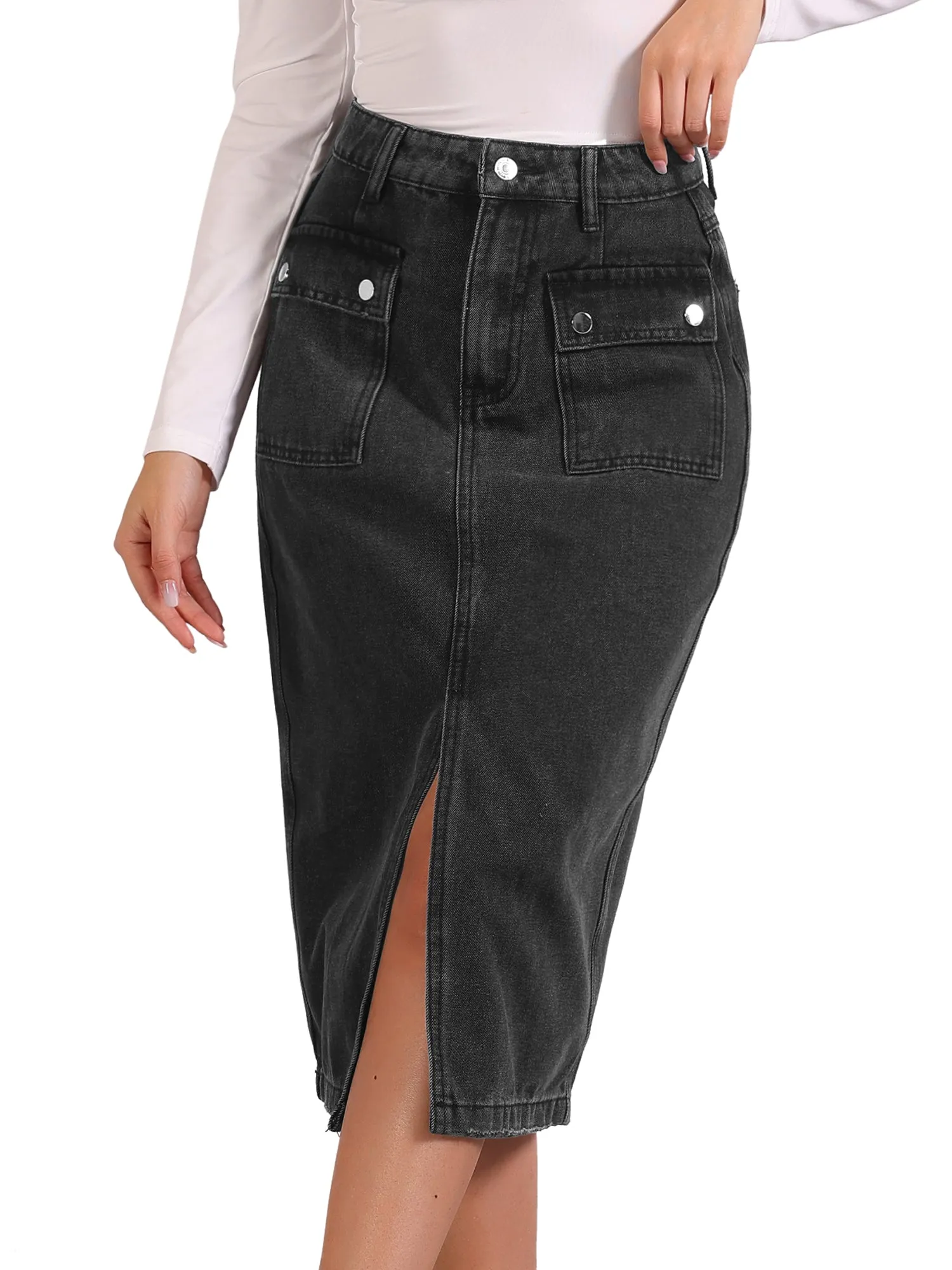 Denim Pocketed Split Hem Casual Midi Jean Skirt