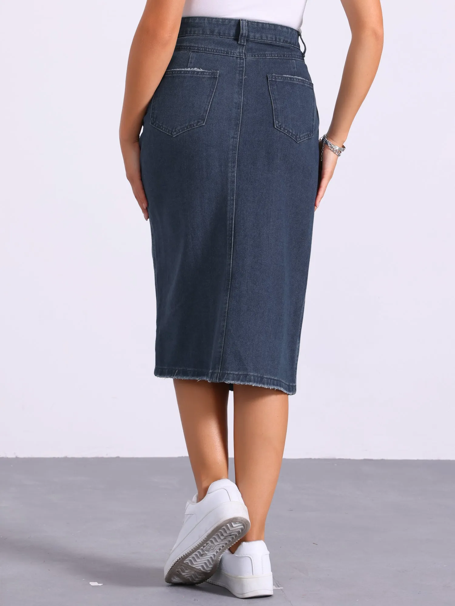 Denim Pocketed Split Hem Casual Midi Jean Skirt