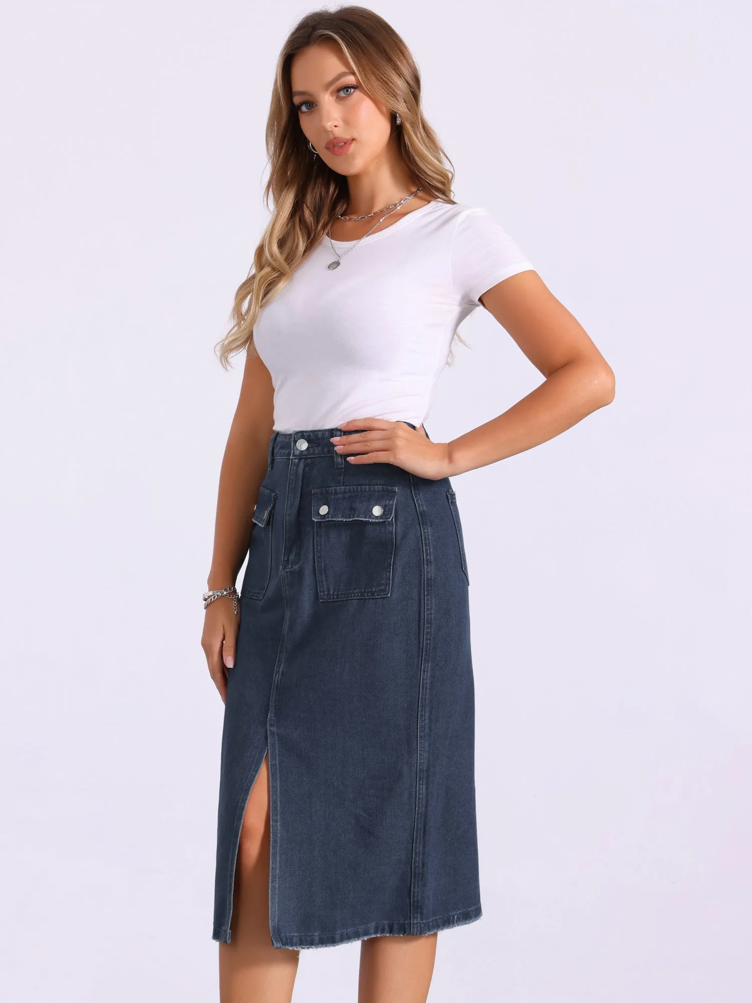 Denim Pocketed Split Hem Casual Midi Jean Skirt