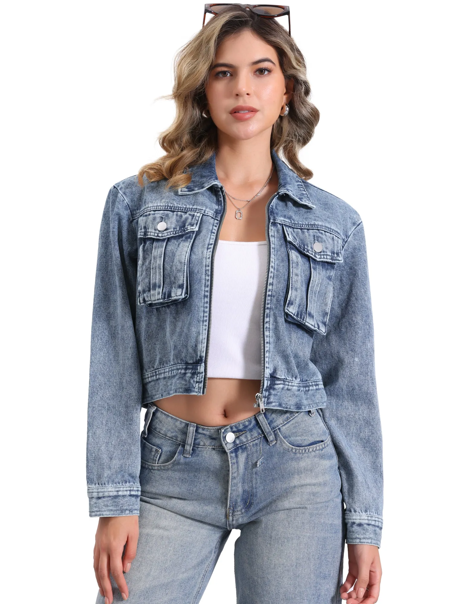 Denim Zip Up Long Sleeves Pockets Crop Jean Jacket