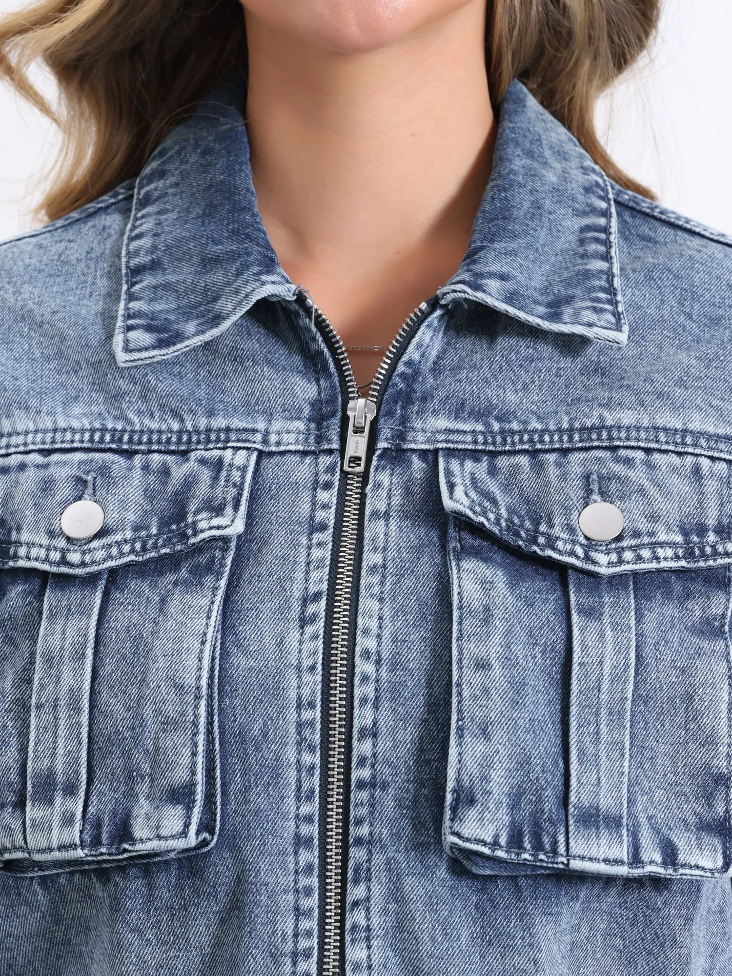 Denim Zip Up Long Sleeves Pockets Crop Jean Jacket
