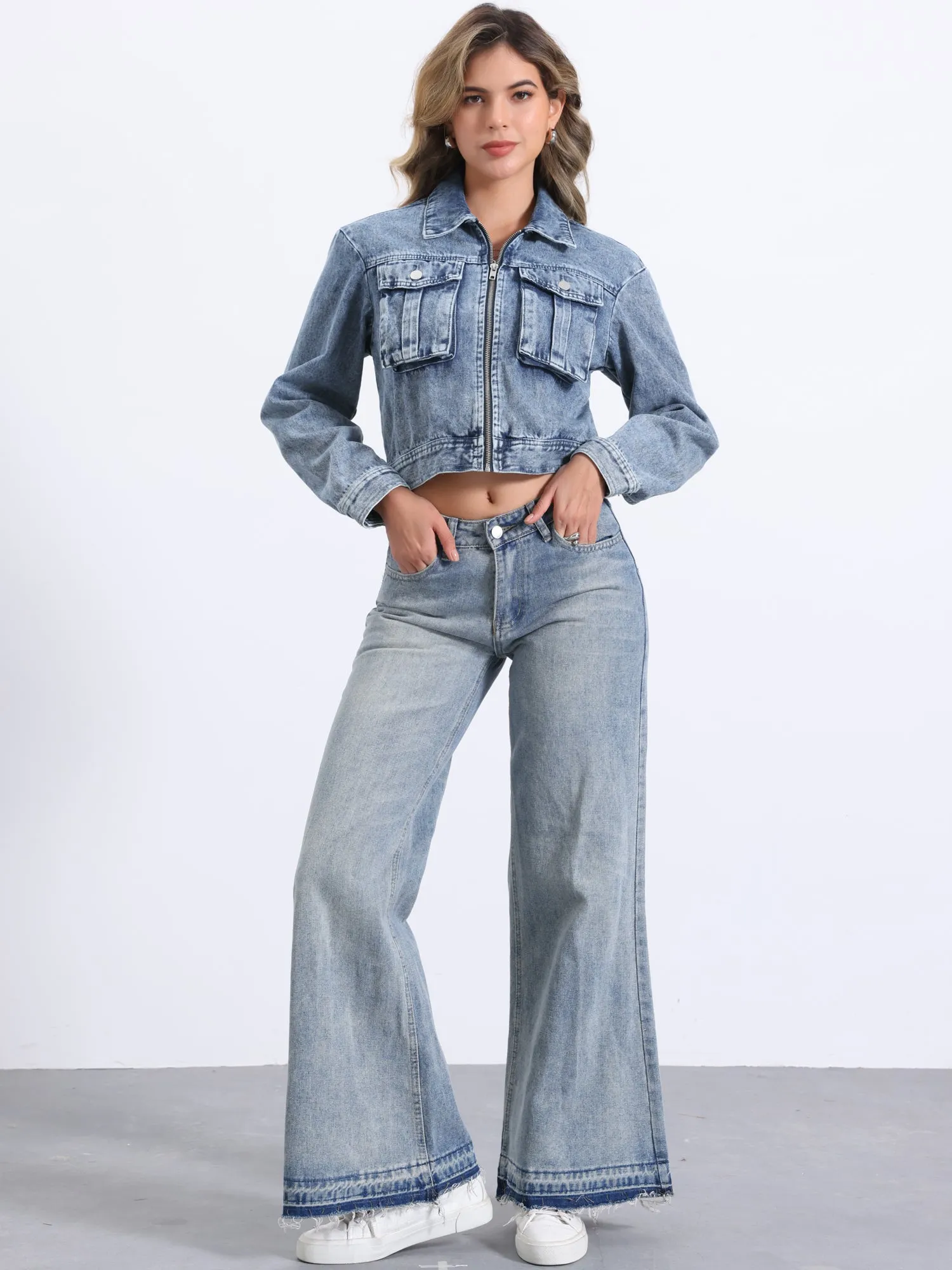Denim Zip Up Long Sleeves Pockets Crop Jean Jacket
