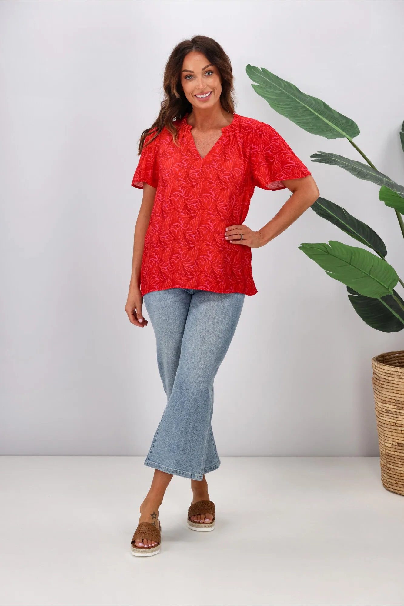 Gloss by Shine On Celeste Flutter Sleeve Blouse Pink Red Geo