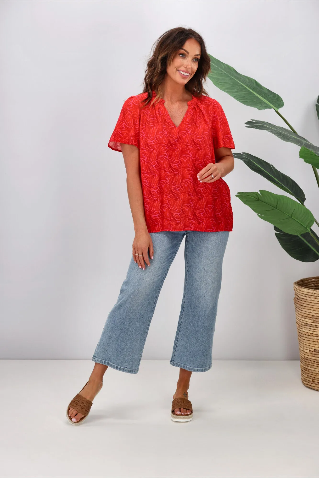 Gloss by Shine On Celeste Flutter Sleeve Blouse Pink Red Geo