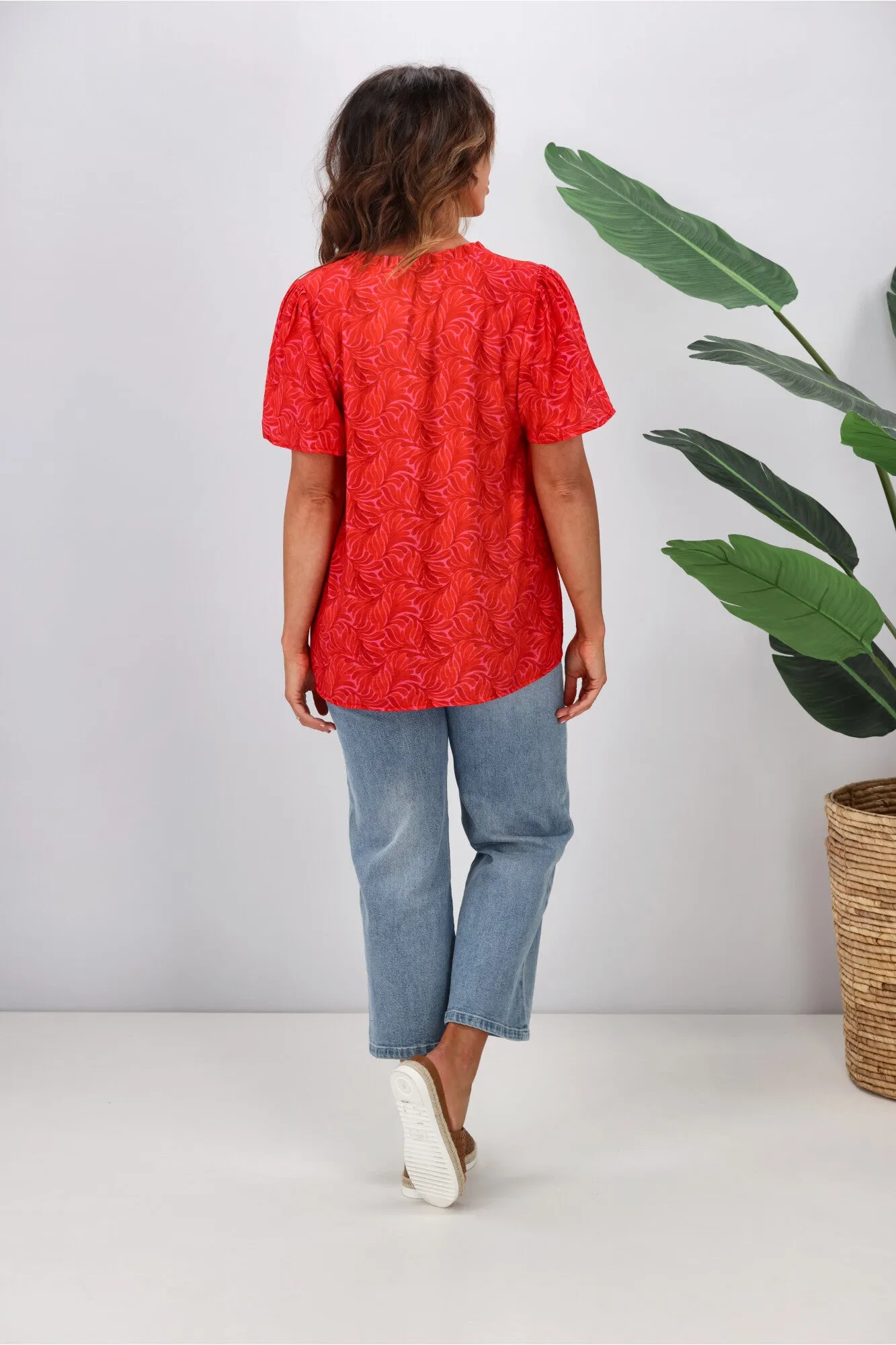 Gloss by Shine On Celeste Flutter Sleeve Blouse Pink Red Geo