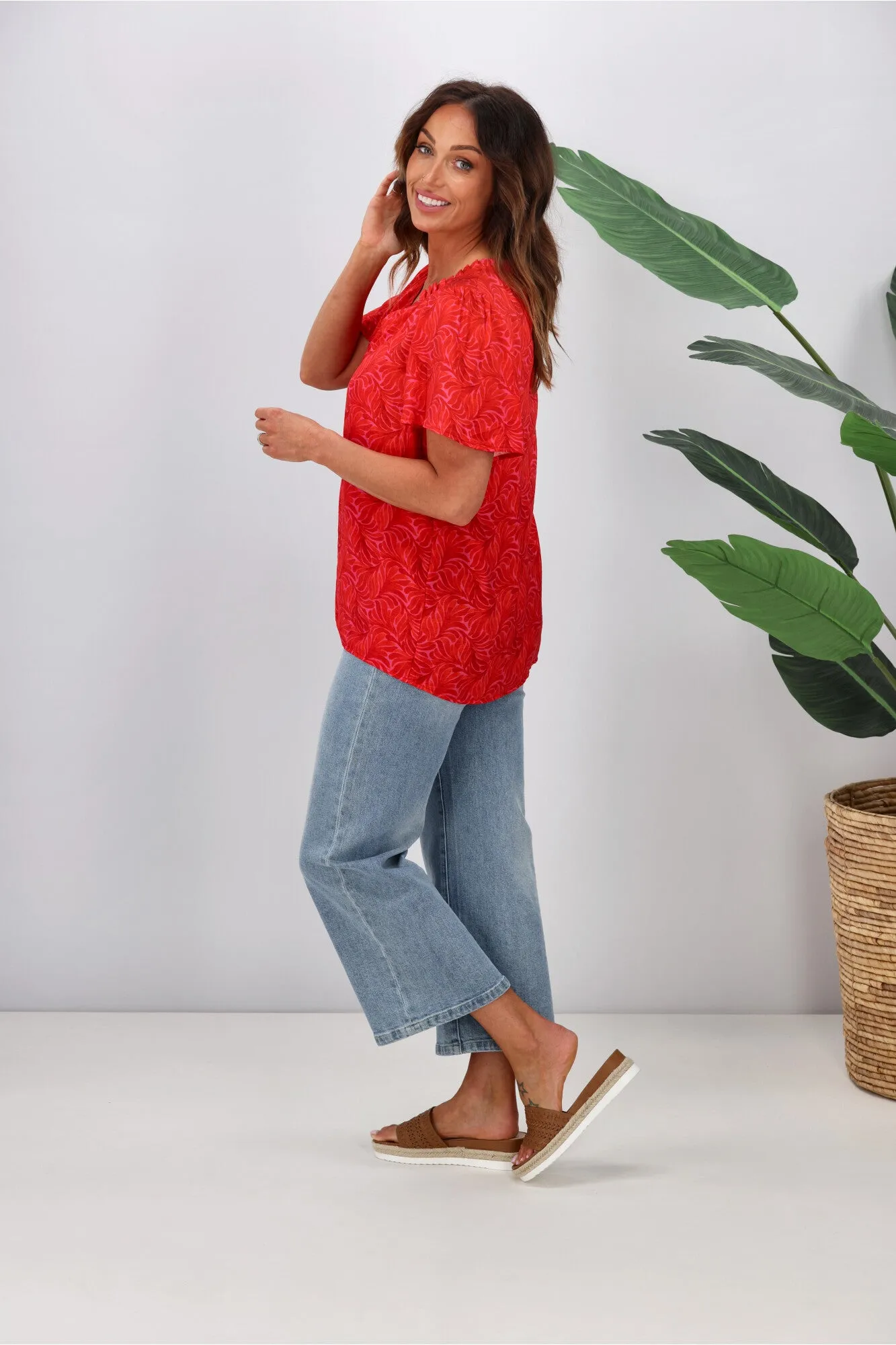 Gloss by Shine On Celeste Flutter Sleeve Blouse Pink Red Geo