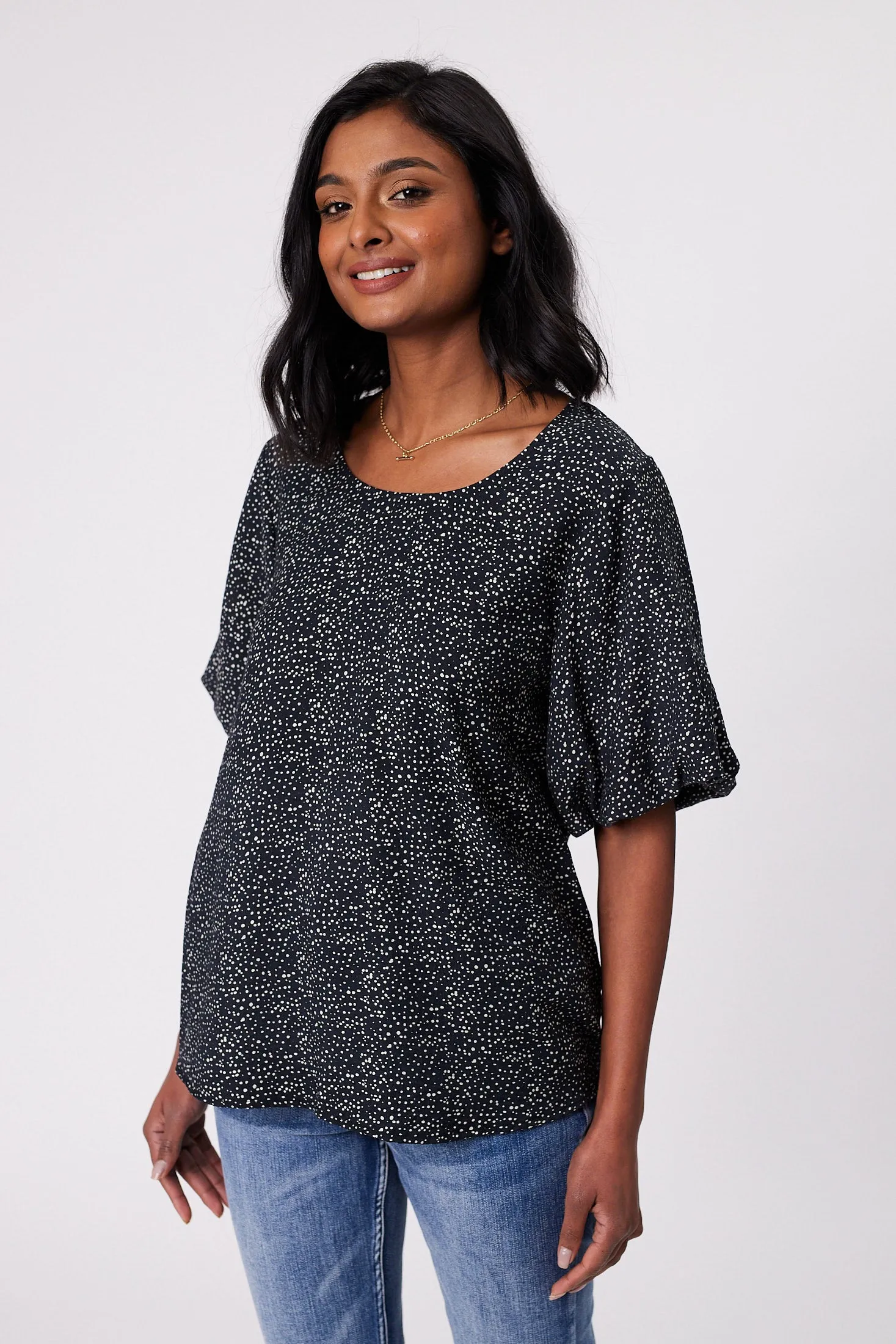 Gloss by Shine On Winslet Puff Sleeve Top Midnight Spot Print