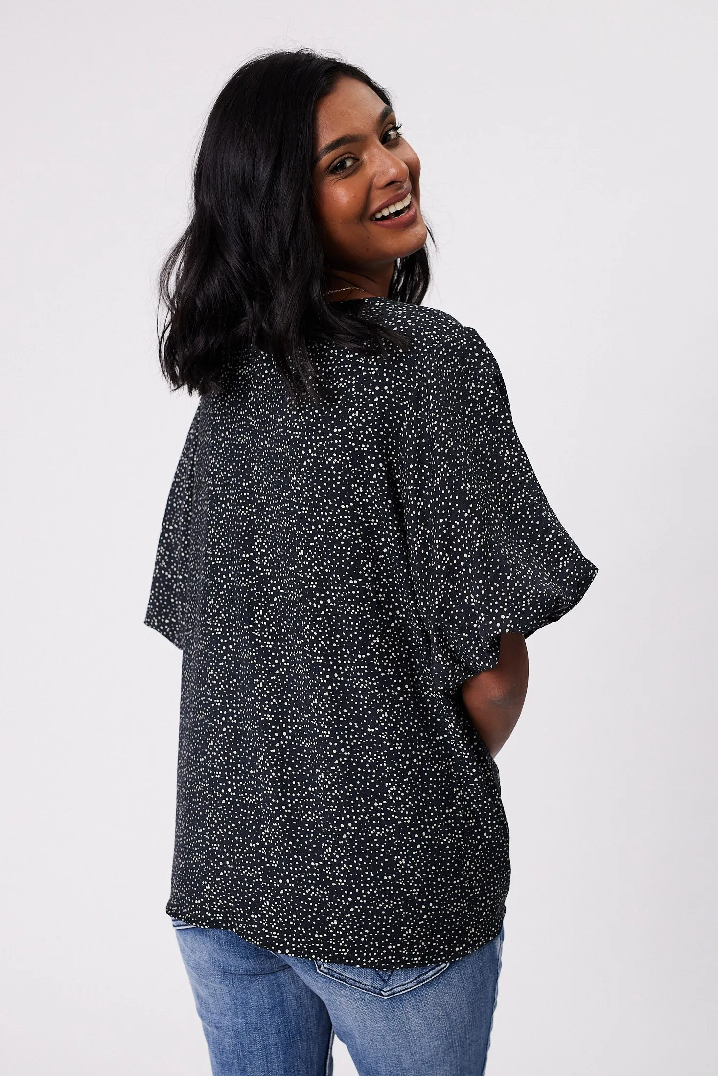 Gloss by Shine On Winslet Puff Sleeve Top Midnight Spot Print