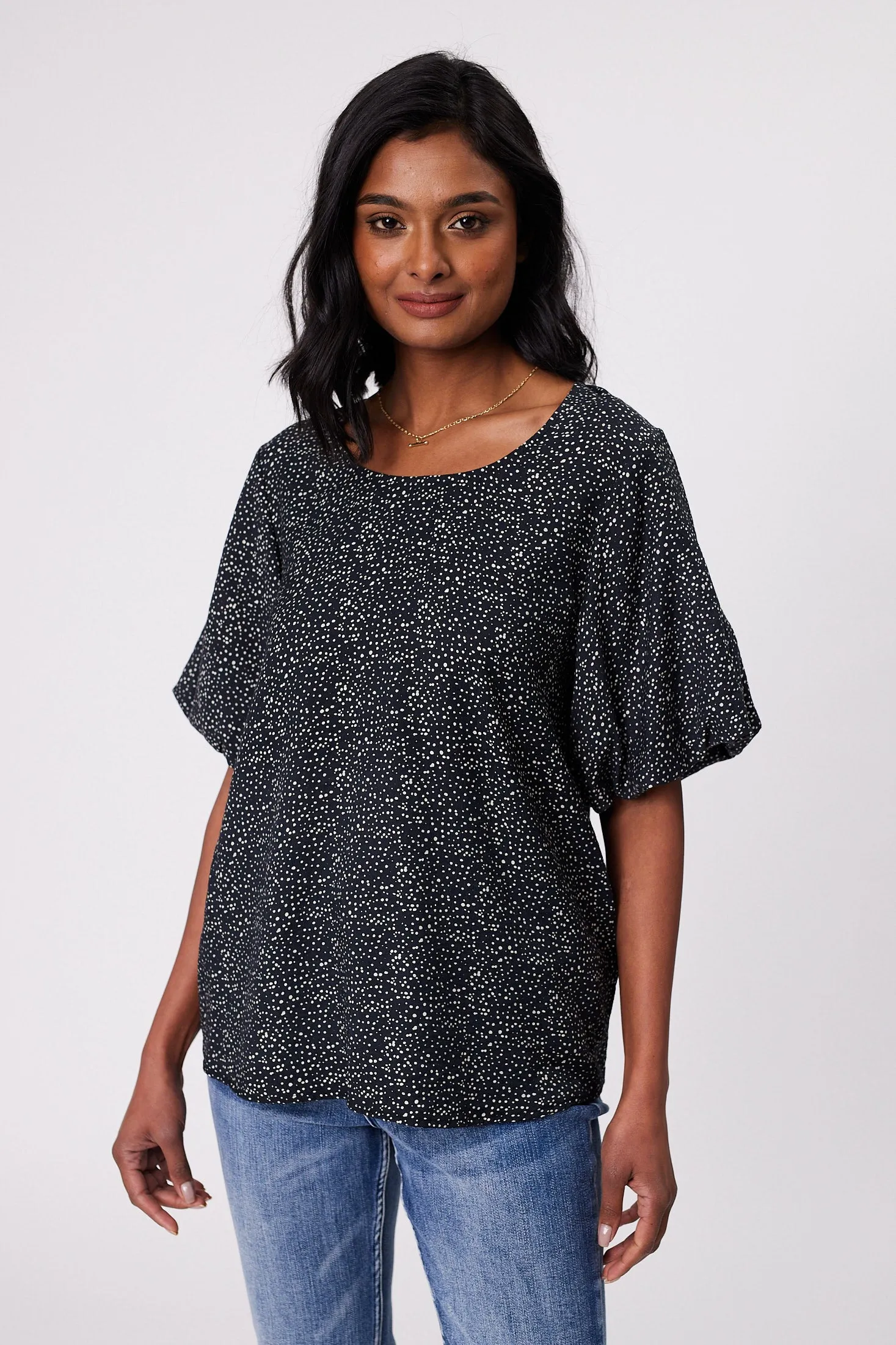 Gloss by Shine On Winslet Puff Sleeve Top Midnight Spot Print