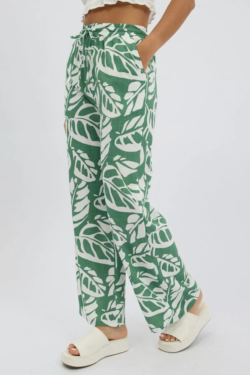 Green Abstract Wide Leg Pants Elasticated Waist